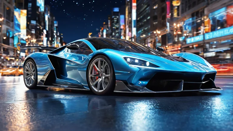 Desktop/PC wallpaper featuring a sleek vehicle in a starry night sky with distant street lights.