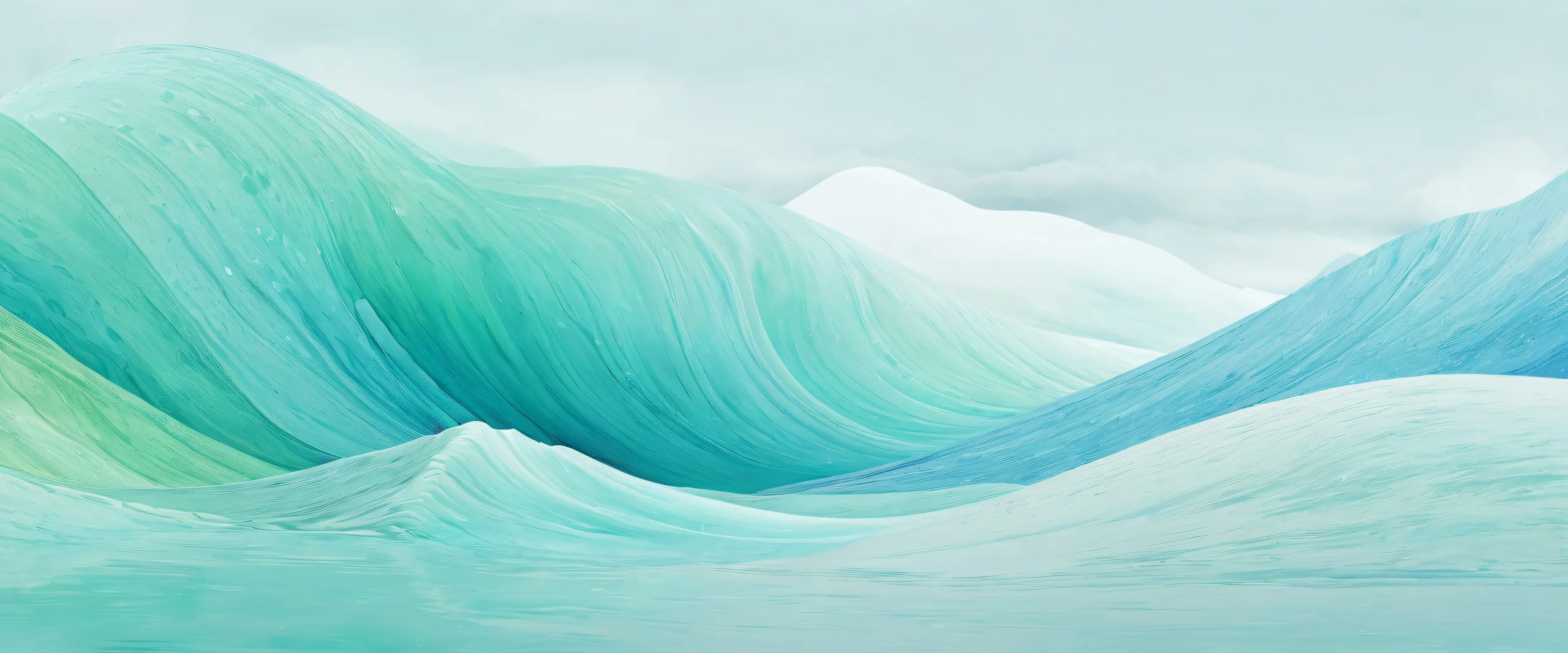 A melancholic desktop wallpaper of Ditto set against a vast pure void with dominant soft blues, muted greens, and creamy whites, featuring a rainy day atmosphere.