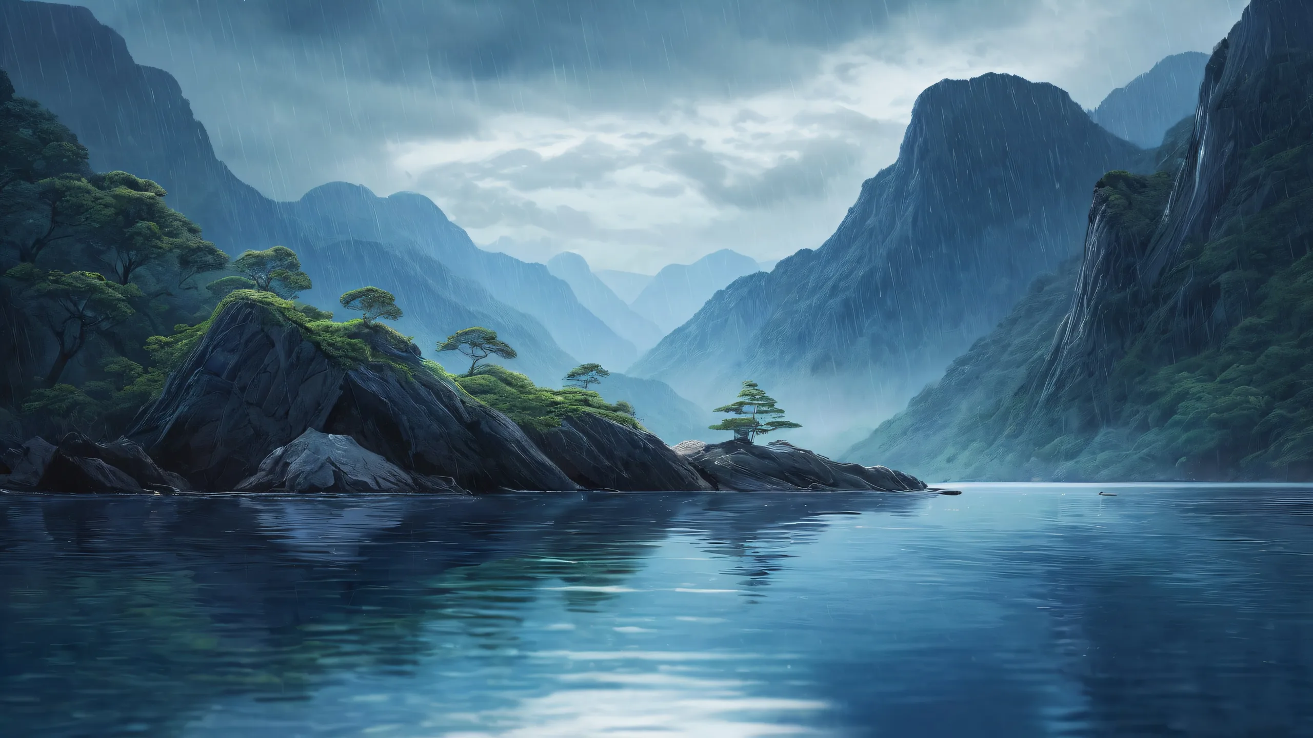 A serene and melancholic desktop wallpaper featuring Ditto Waiting in a vast pure void, with extreme depth of field and dark rainy evening ambiance, suitable for desktop or PC.