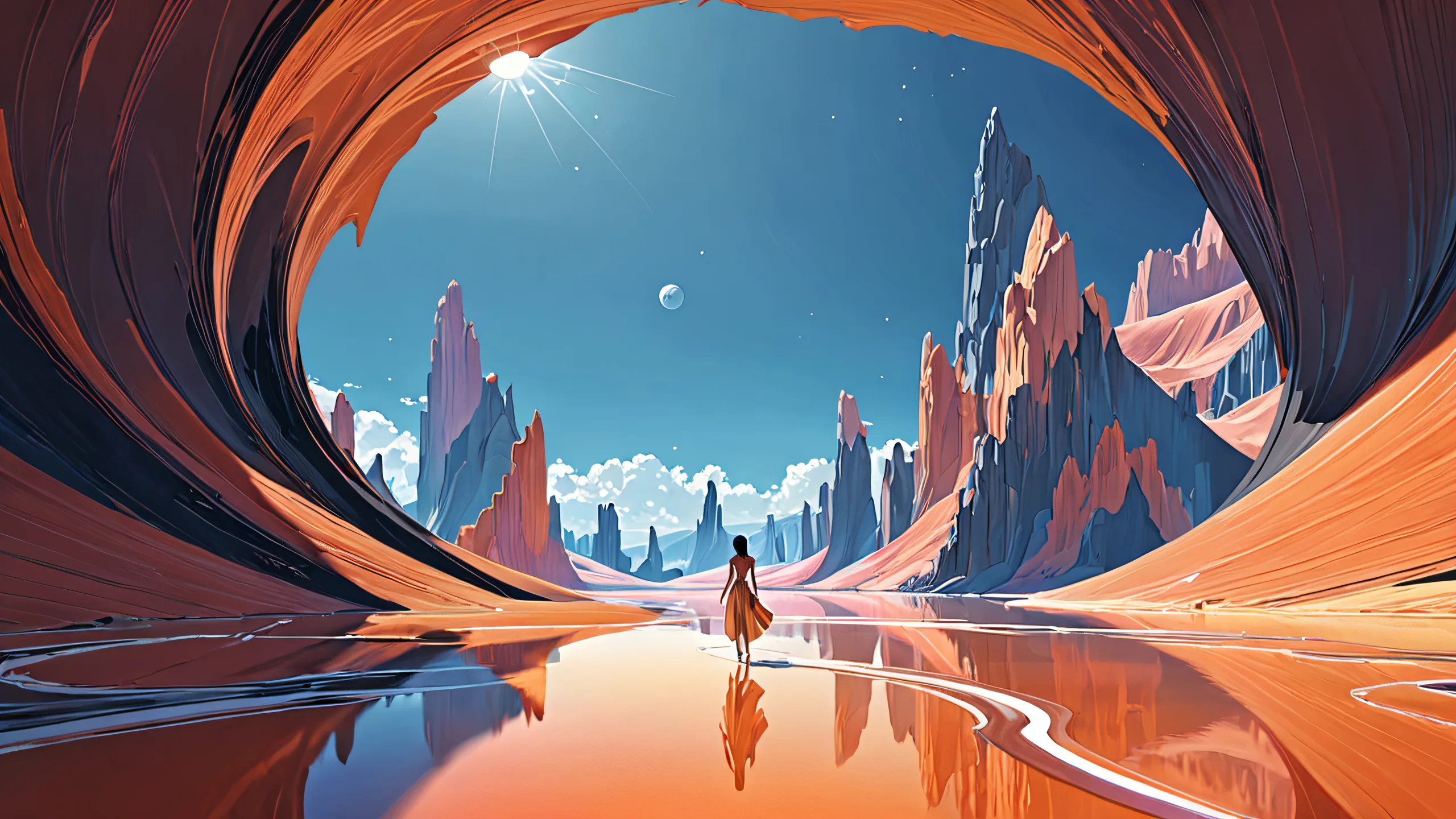 A serene desktop scene of figures in a vast void with soft shadows and radiant colors.