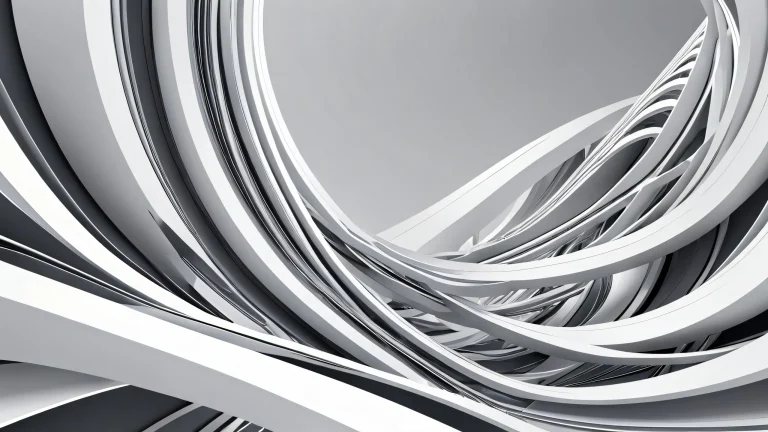 Desktop/PC wallpaper featuring abstract shapes with perfect depth of field, gray and white tones, 16:9 aspect ratio, and ray-traced reflections.