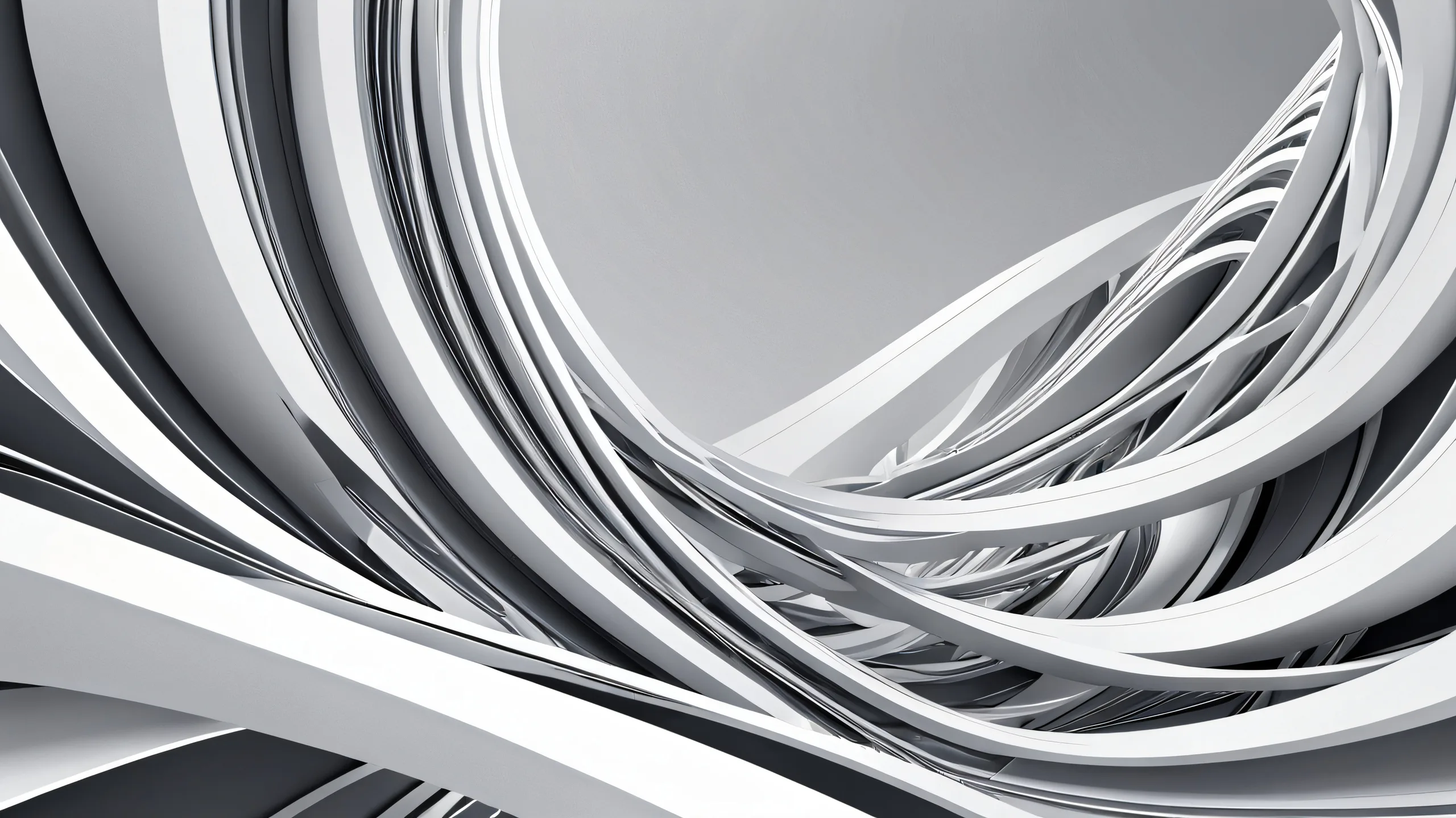 Desktop/PC wallpaper featuring abstract shapes with perfect depth of field, gray and white tones, 16:9 aspect ratio, and ray-traced reflections.