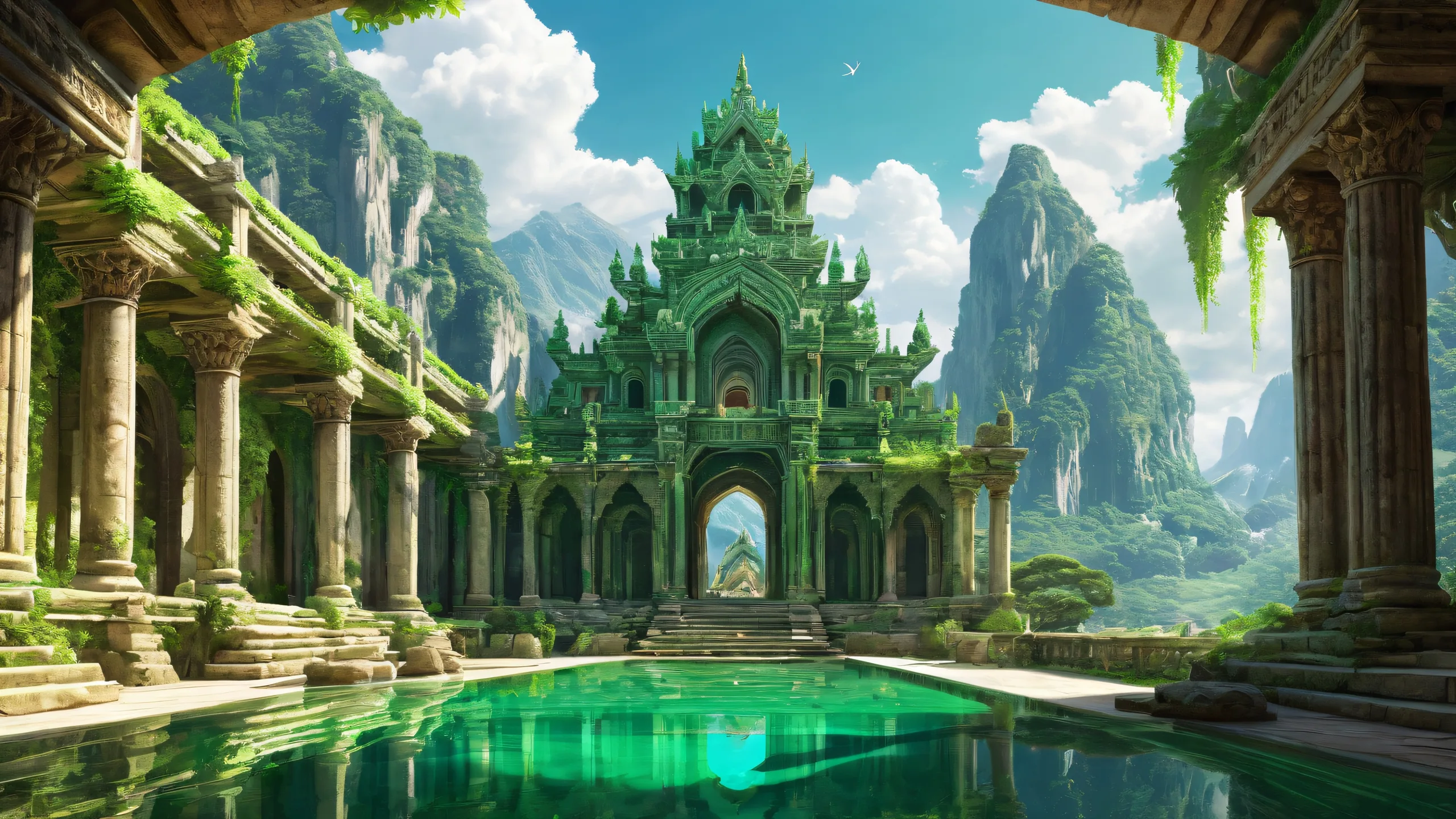 A breathtaking fantasy desktop wallpaper featuring ancient architecture on a pristine void background with radiant lighting and detailed textures, suitable for Desktop/PC.