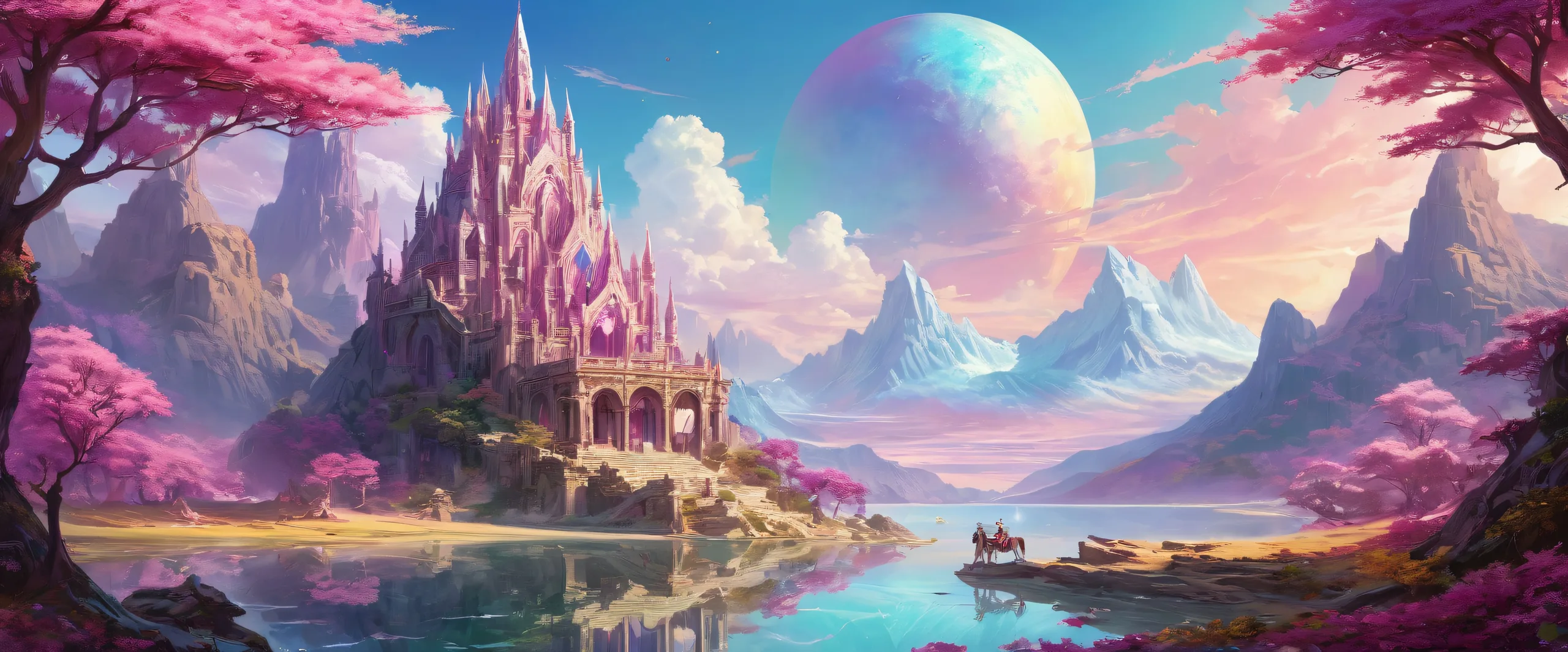 Desktop/PC wallpaper featuring centered fantasy creatures amidst a vast, pure void with ancient ruins and mystical energies.