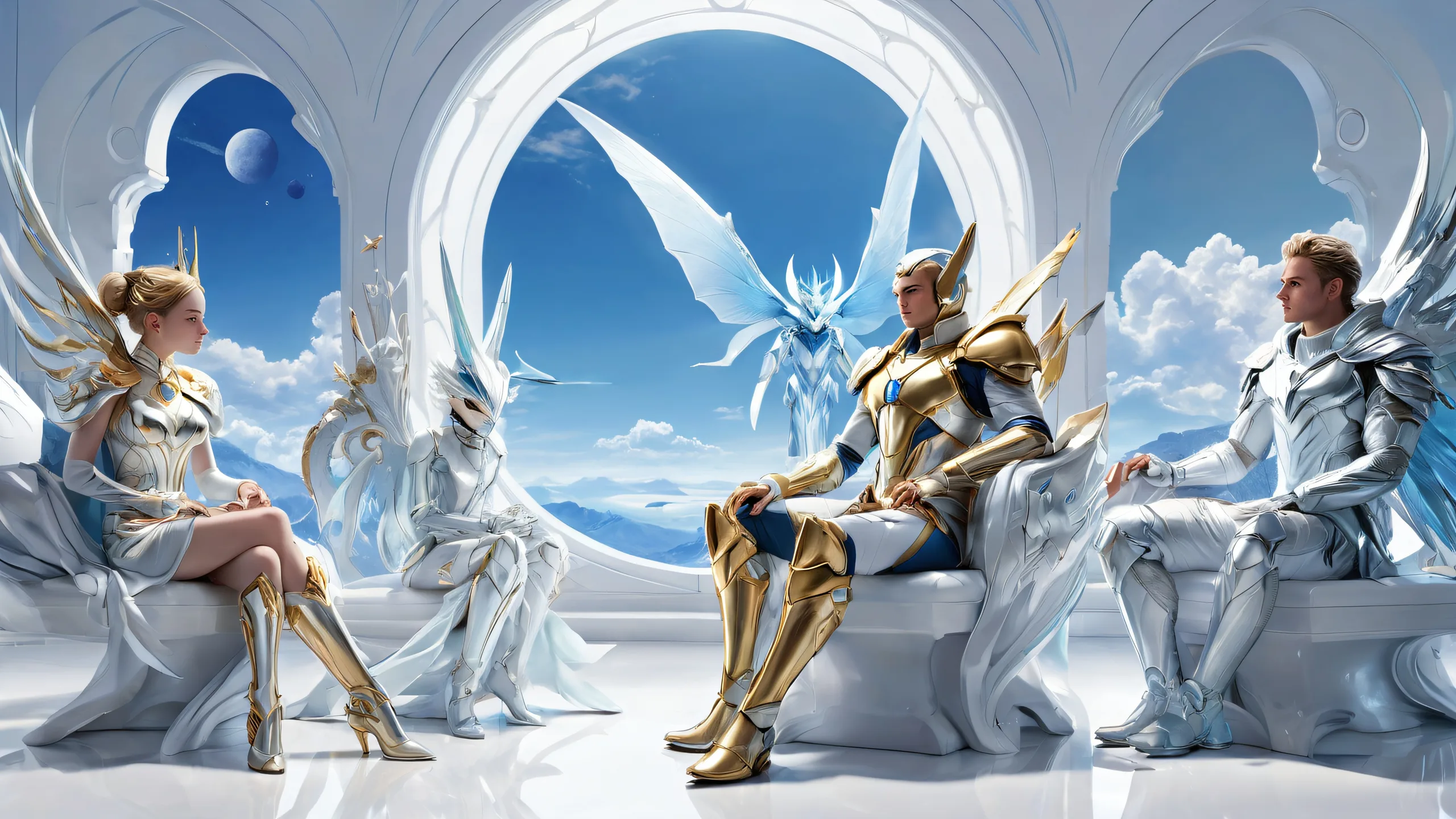 Video game characters sitting in a vast pure void with ethereal lighting and radiant colors for a desktop or PC background.