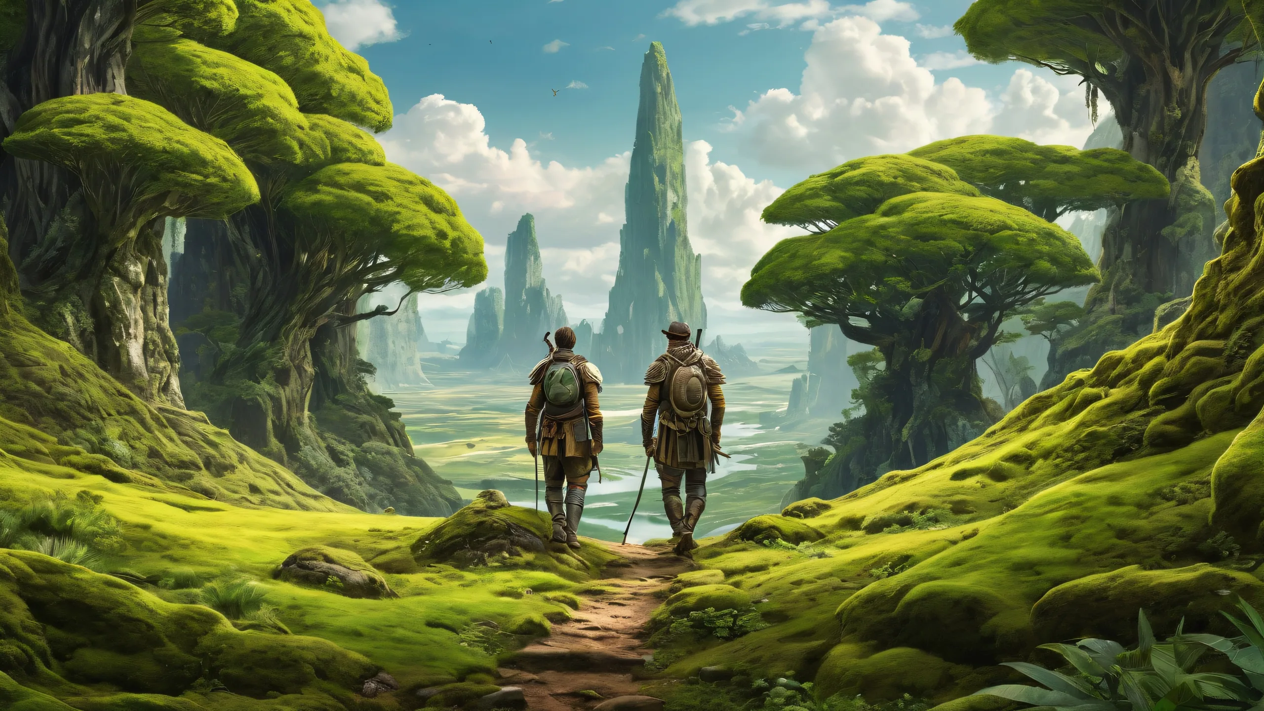 A serene desktop scene of standing men amidst a vast, pure void with ethereal lighting and radiant colors for PC Desktop use.