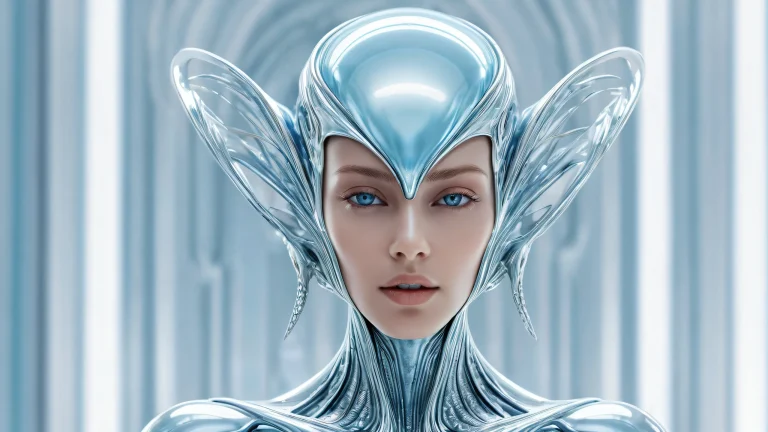 Alien woman amidst a vast pure void on a desktop/PC background with ethereal lighting and pristine clarity.