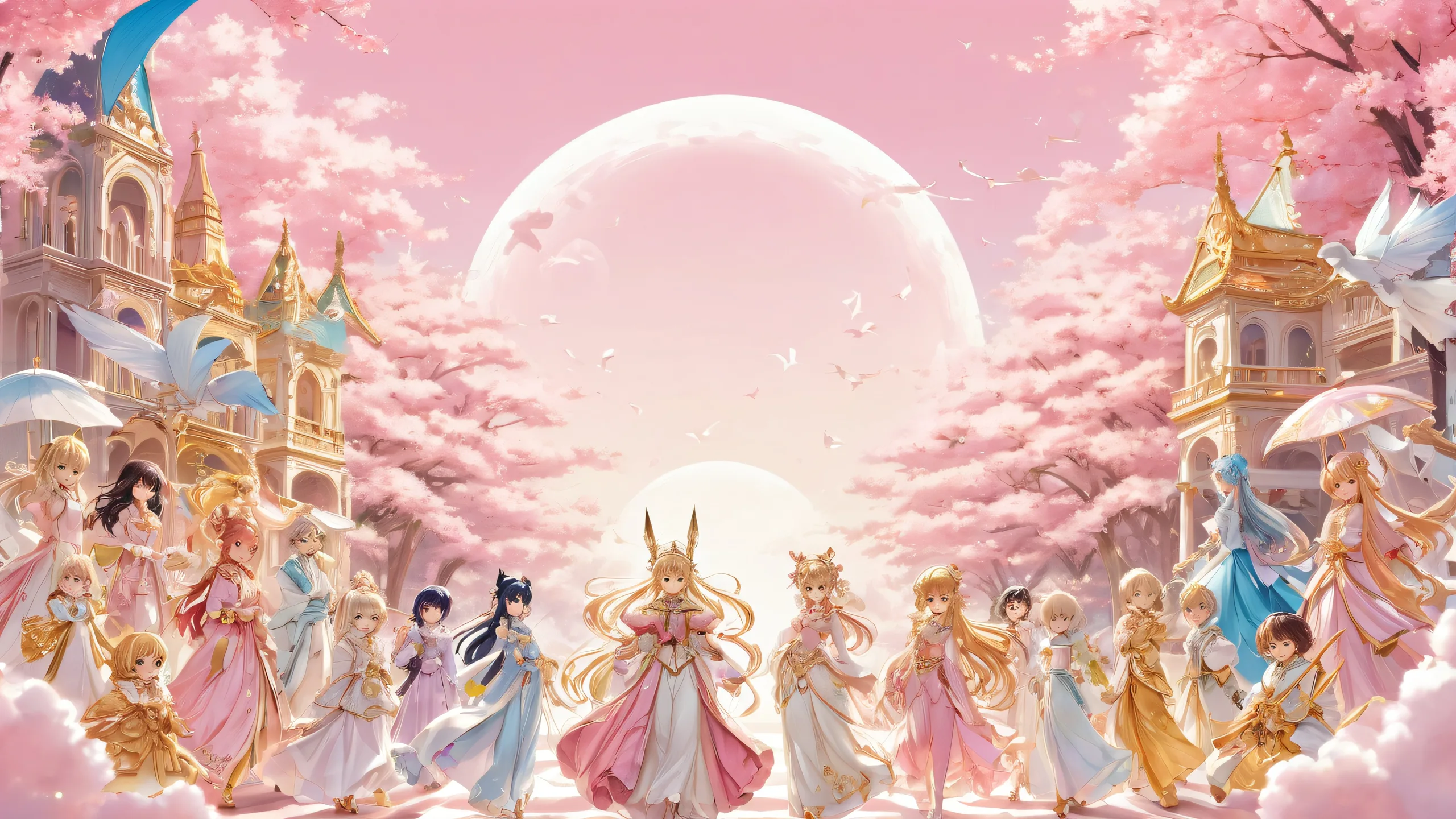 Centered anime characters on a pristine pure void desktop background with ethereal lighting and ray-traced reflections, suitable for PC or Desktop.
