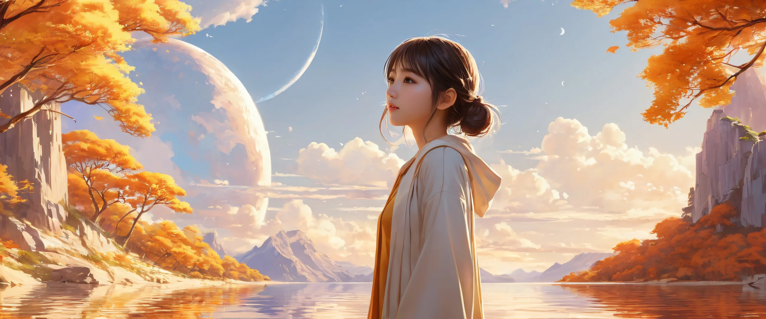 Beautiful anime-inspired desktop background featuring a girl amidst a vast pure void with stunning ethereal lighting and reflections.
