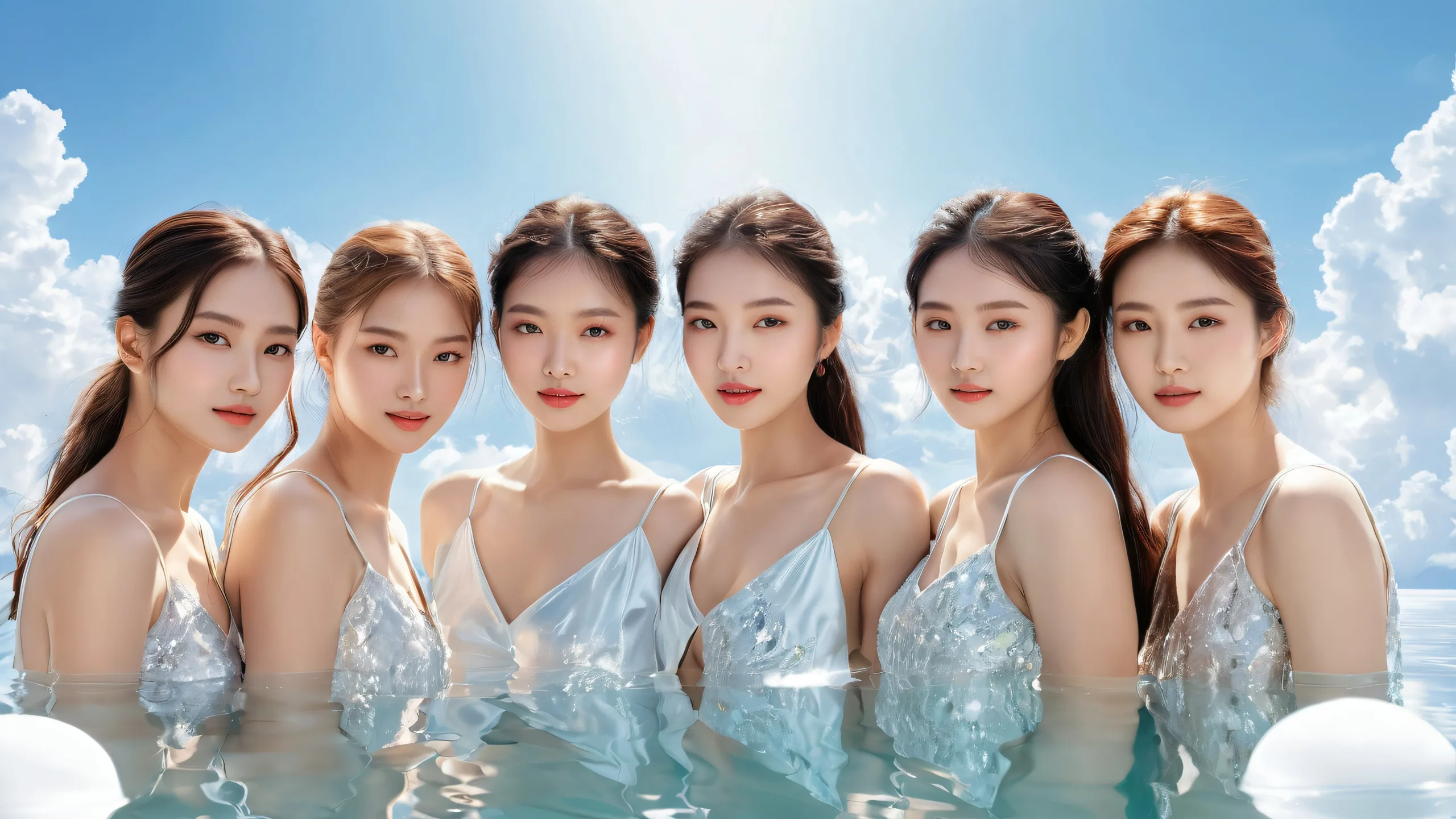 A group of women amidst a vast, pure void with radiant lighting, perfect for desktop/pc screens.