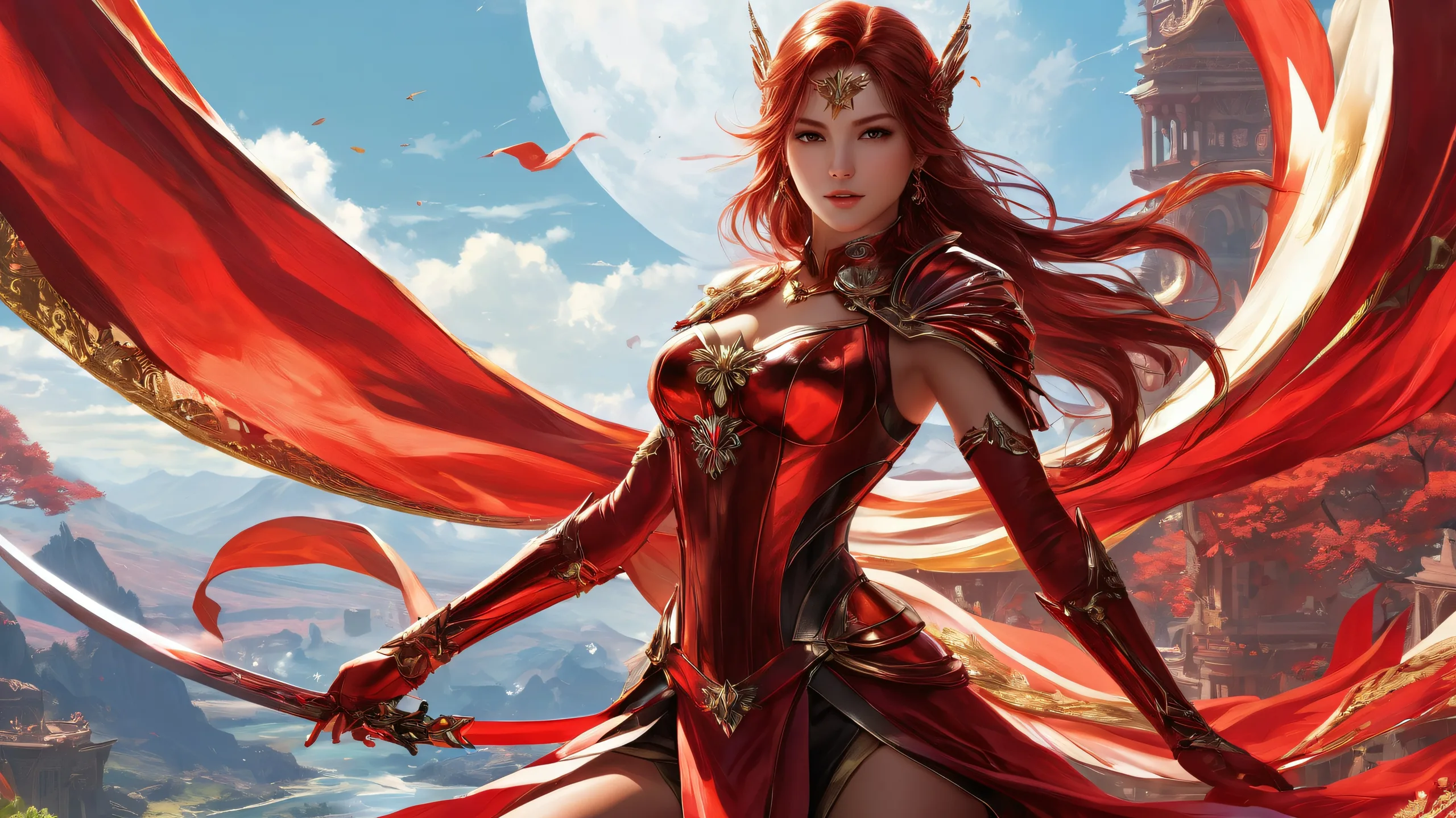 A majestic desktop scene featuring women in video games set against a deep crimson background, perfect for a PC or Desktop.