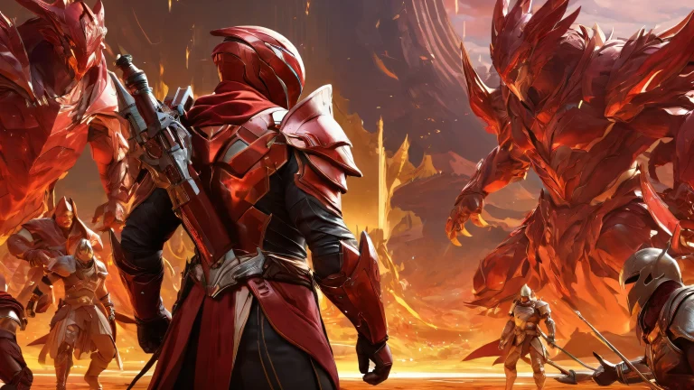 Award-winning digital art of video game characters set against a deep crimson void, Perfekt für den Desktop-/PC-Einsatz.
