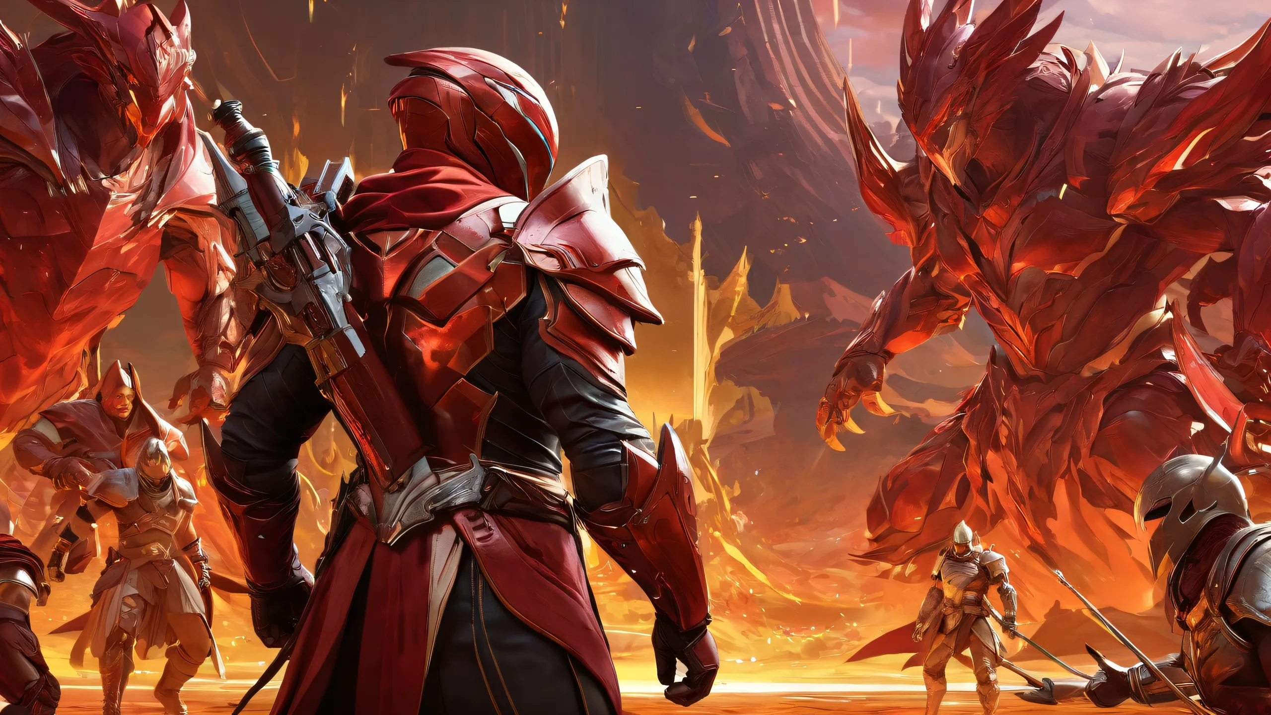 Award-winning digital art of video game characters set against a deep crimson void, perfect for desktop/pc use.