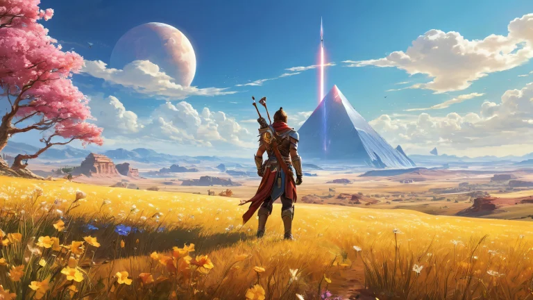 Desktop/PC wallpaper featuring breathtaking video game characters in a vast pure void with open plains and blue skies, perfect for your digital canvas.