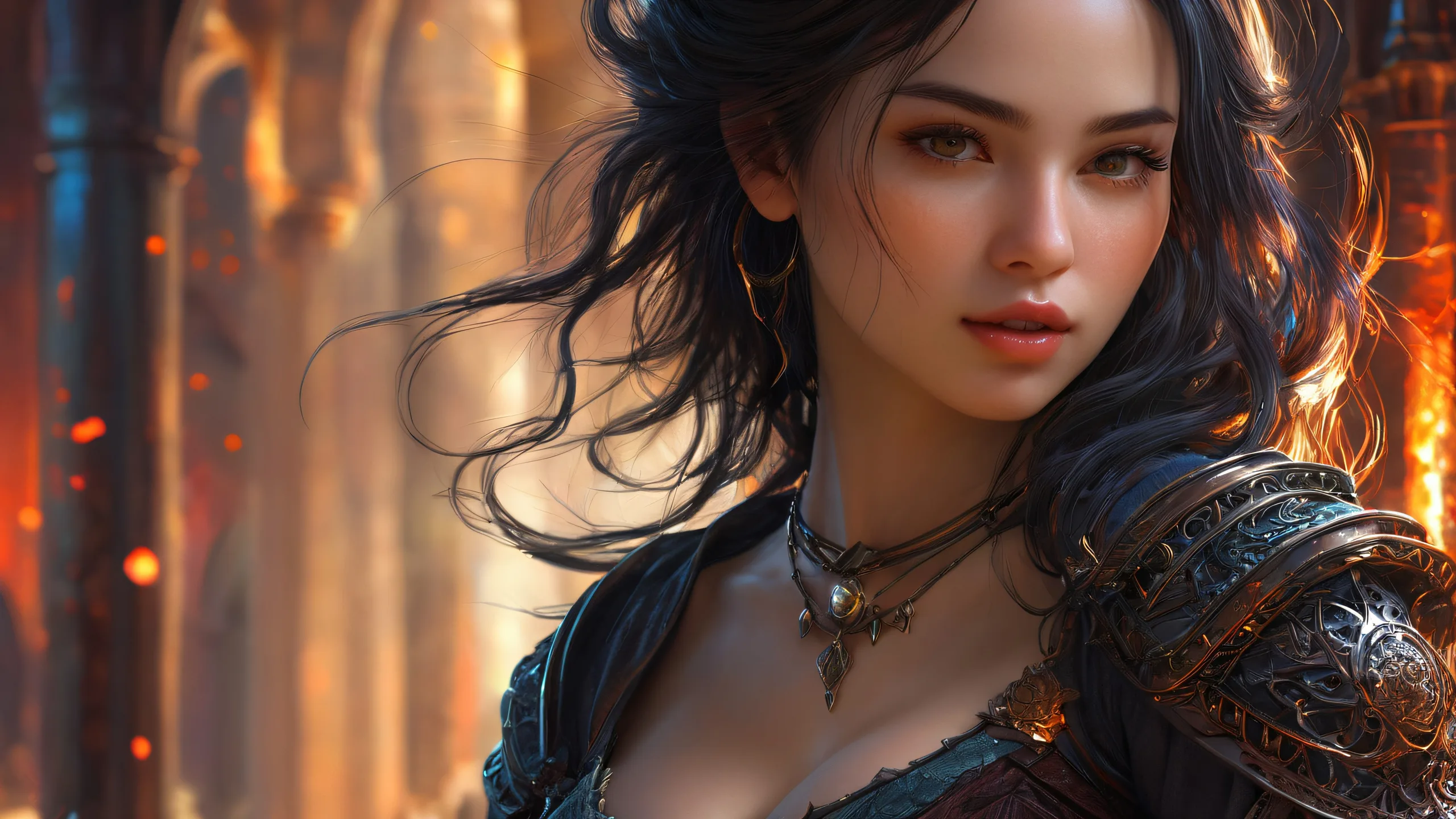 A breathtakingly beautiful desktop wallpaper featuring a mysterious woman in a dark fantasy setting with pure void background and ethereal lighting for Desktop/PC use.