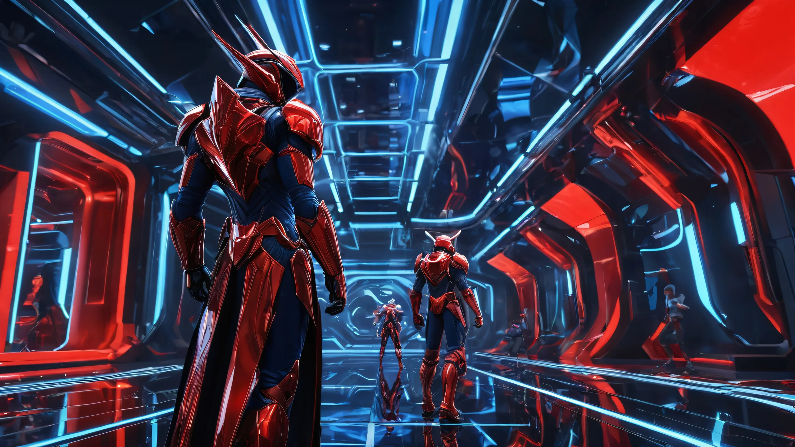 A breathtaking desktop wallpaper featuring video game characters set against a pure void with ethereal lighting and brilliant colors. Perfect for desktop/PC.