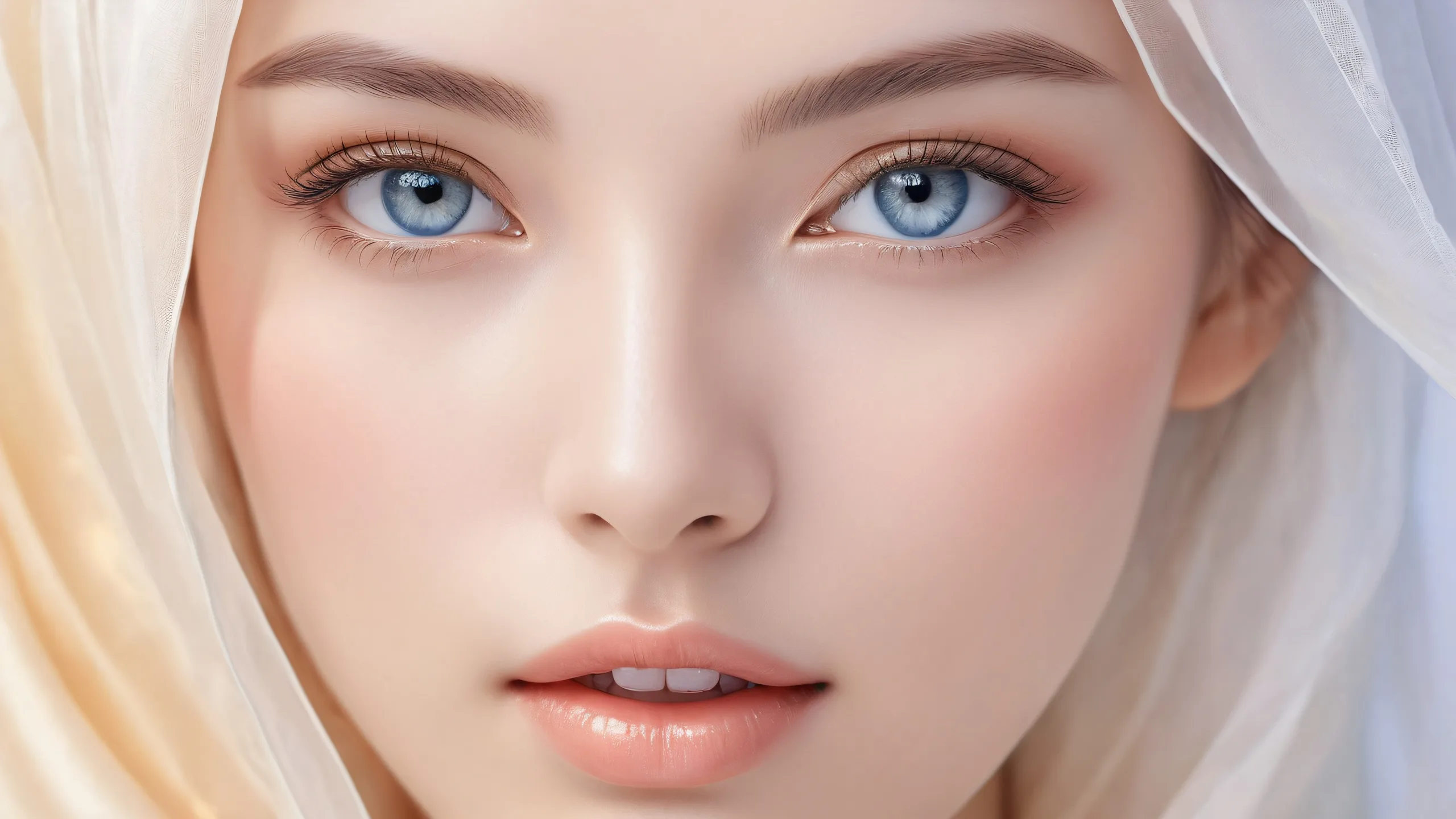 Beautiful face surrounded by a vast pure void on a desktop/pc background with extreme depth of field and ethereal lighting.