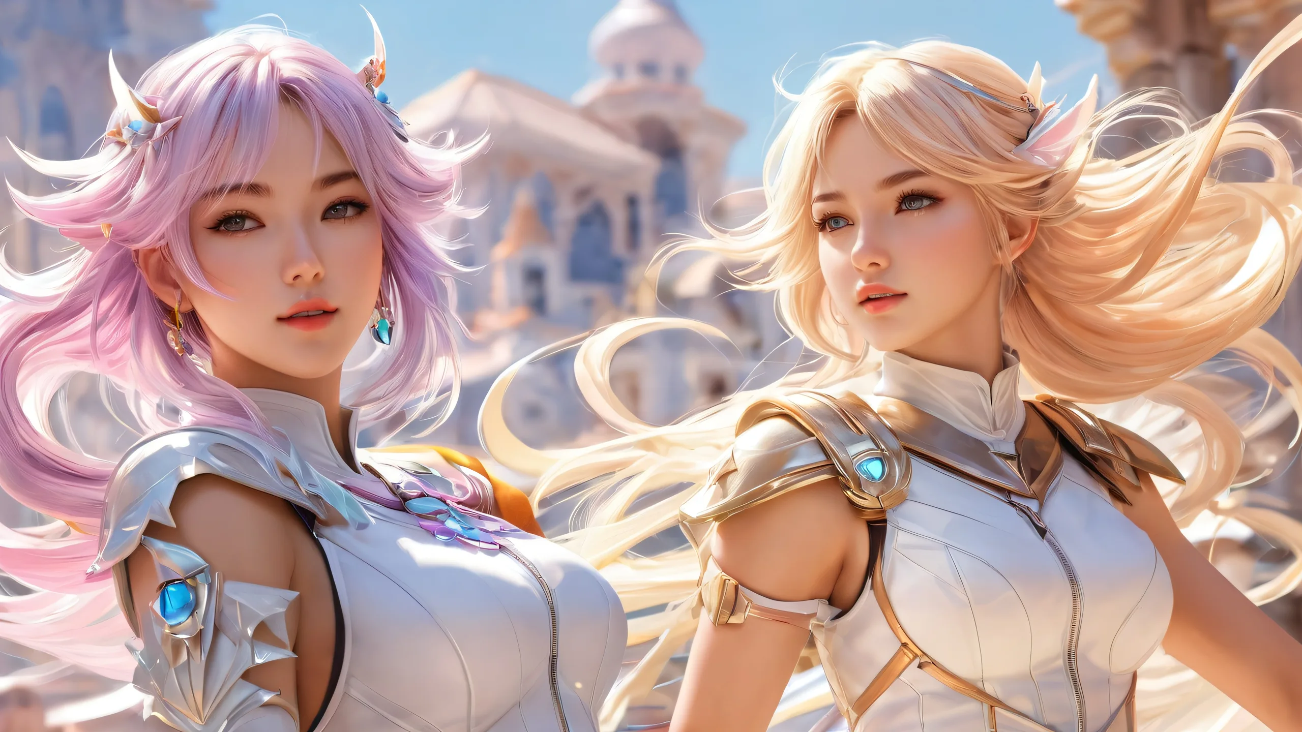 Desktop/PC background featuring video game girls in a serene and dreamy void with radiant sunlight and reflections.