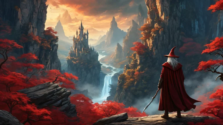 A majestic wizard and dragon soaring above a vast, dark forest with broken stone walls and towering cliffs. Perfect for desktop/pc screens.