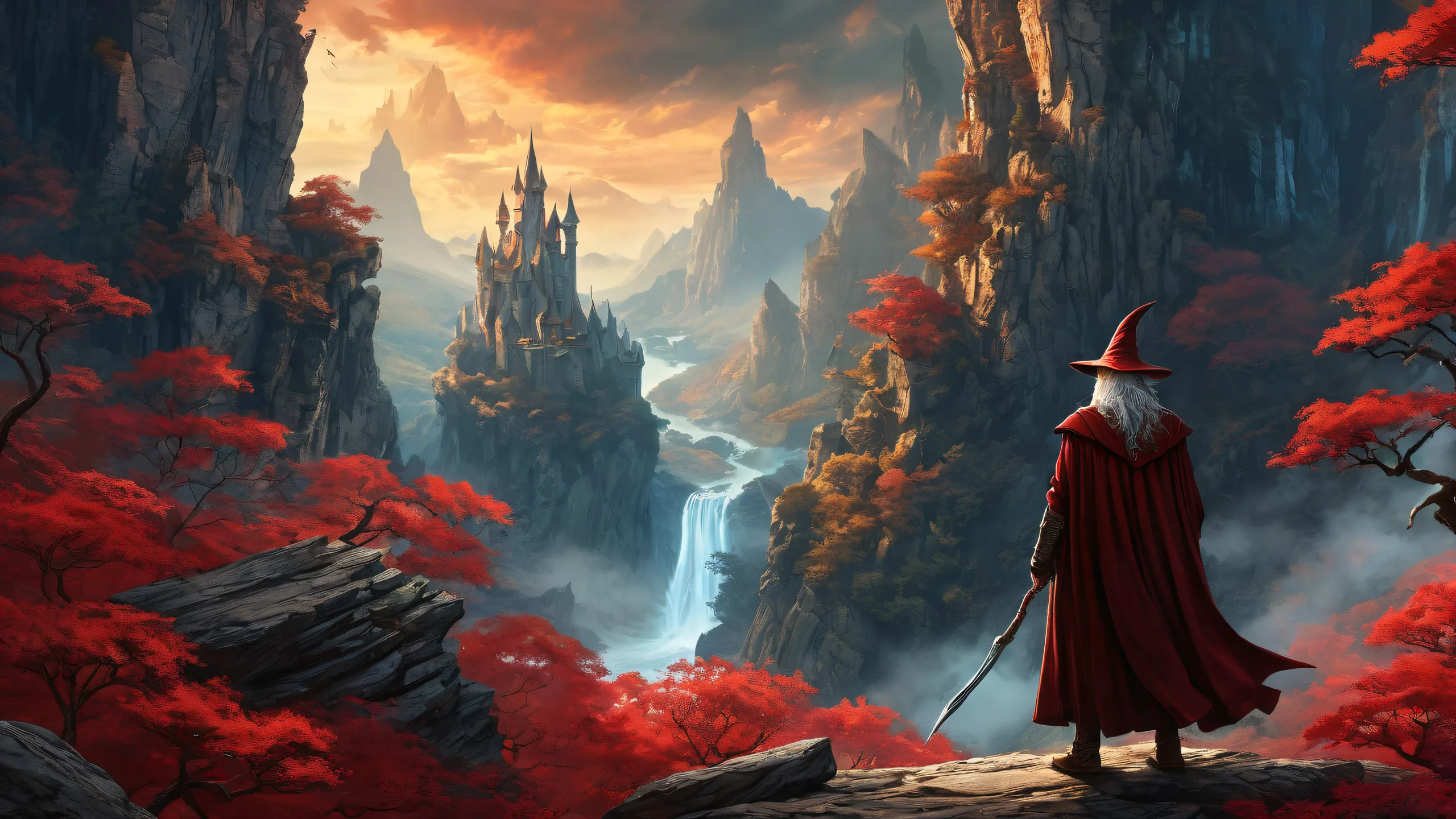 A majestic wizard and dragon soaring above a vast, dark forest with broken stone walls and towering cliffs. Perfect for desktop/pc screens.