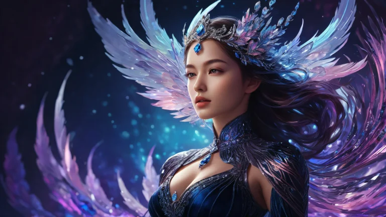 A stunning fantasy desktop scene featuring a woman amidst a vast void with gradient effects and intricate details, parfait pour votre ordinateur de bureau/PC.
