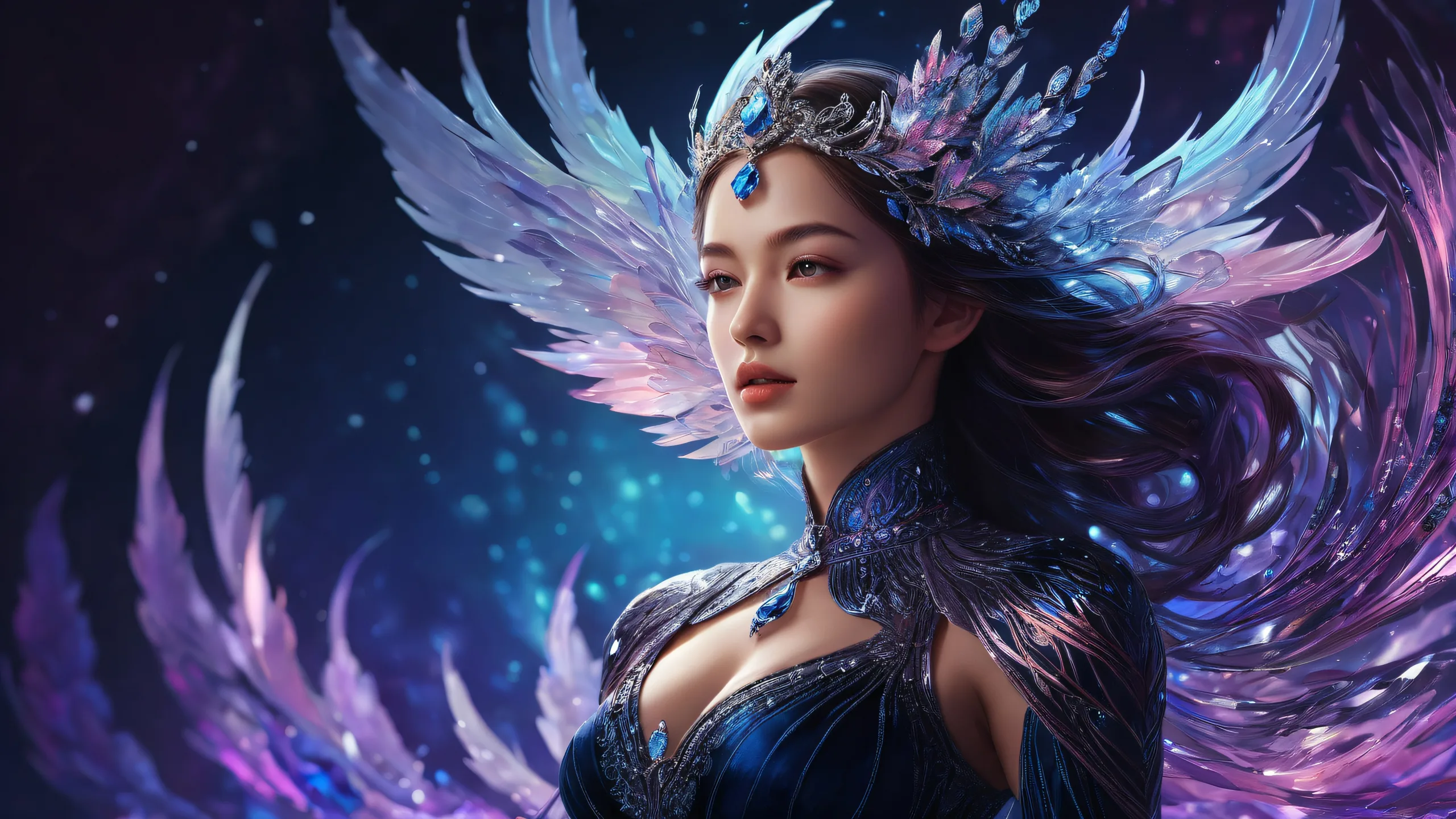A stunning fantasy desktop scene featuring a woman amidst a vast void with gradient effects and intricate details, perfect for your Desktop/PC.