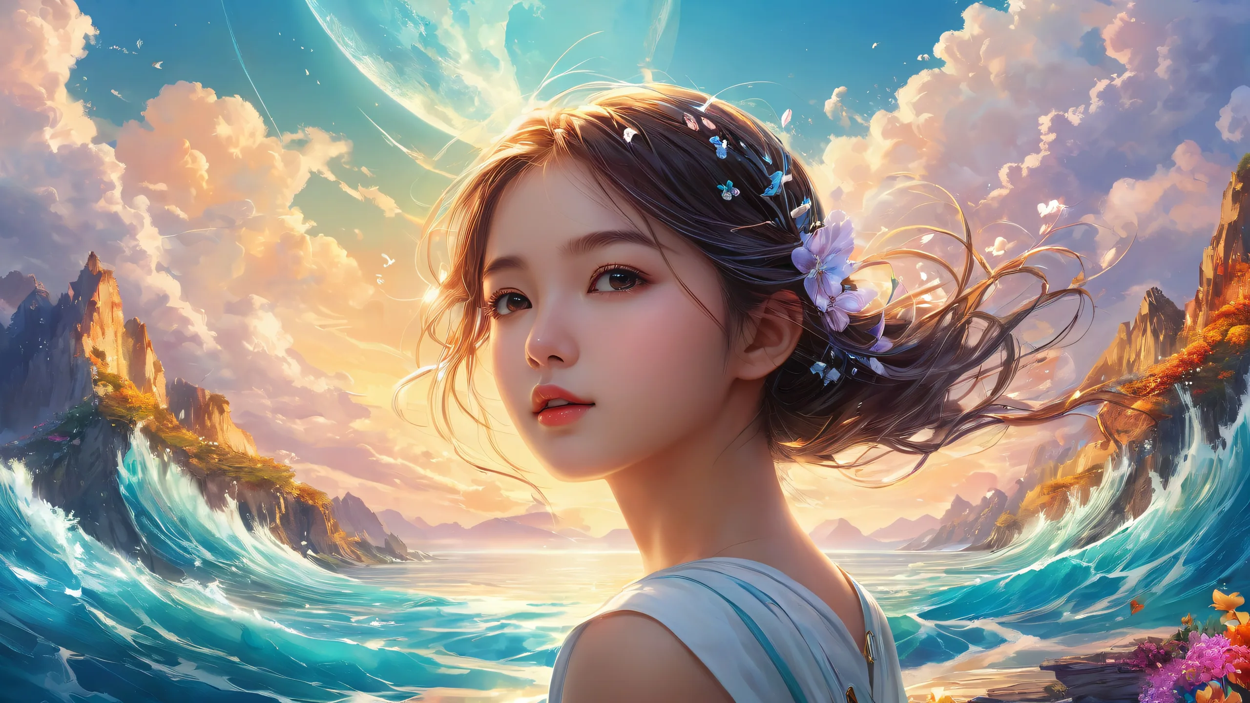 Girl surrounded by pure void on a Desktop/PC wallpaper with ethereal lighting and vibrant colors.