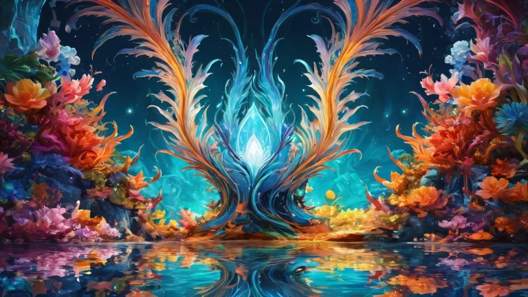 Fondo de escritorio/PC con criaturas fantásticas en el vacío con iluminación etérea y colores brillantes.