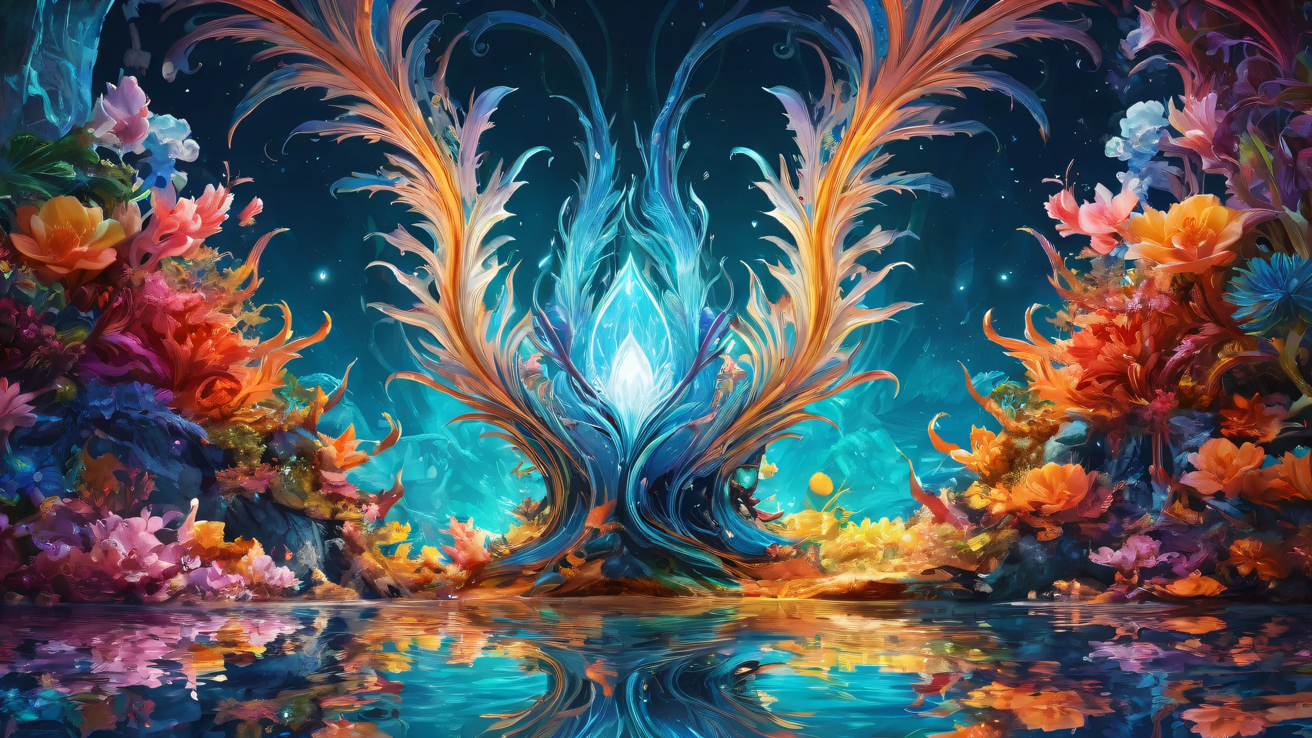 Desktop/PC background featuring fantastical creatures in a void with ethereal lighting and brilliant colors.