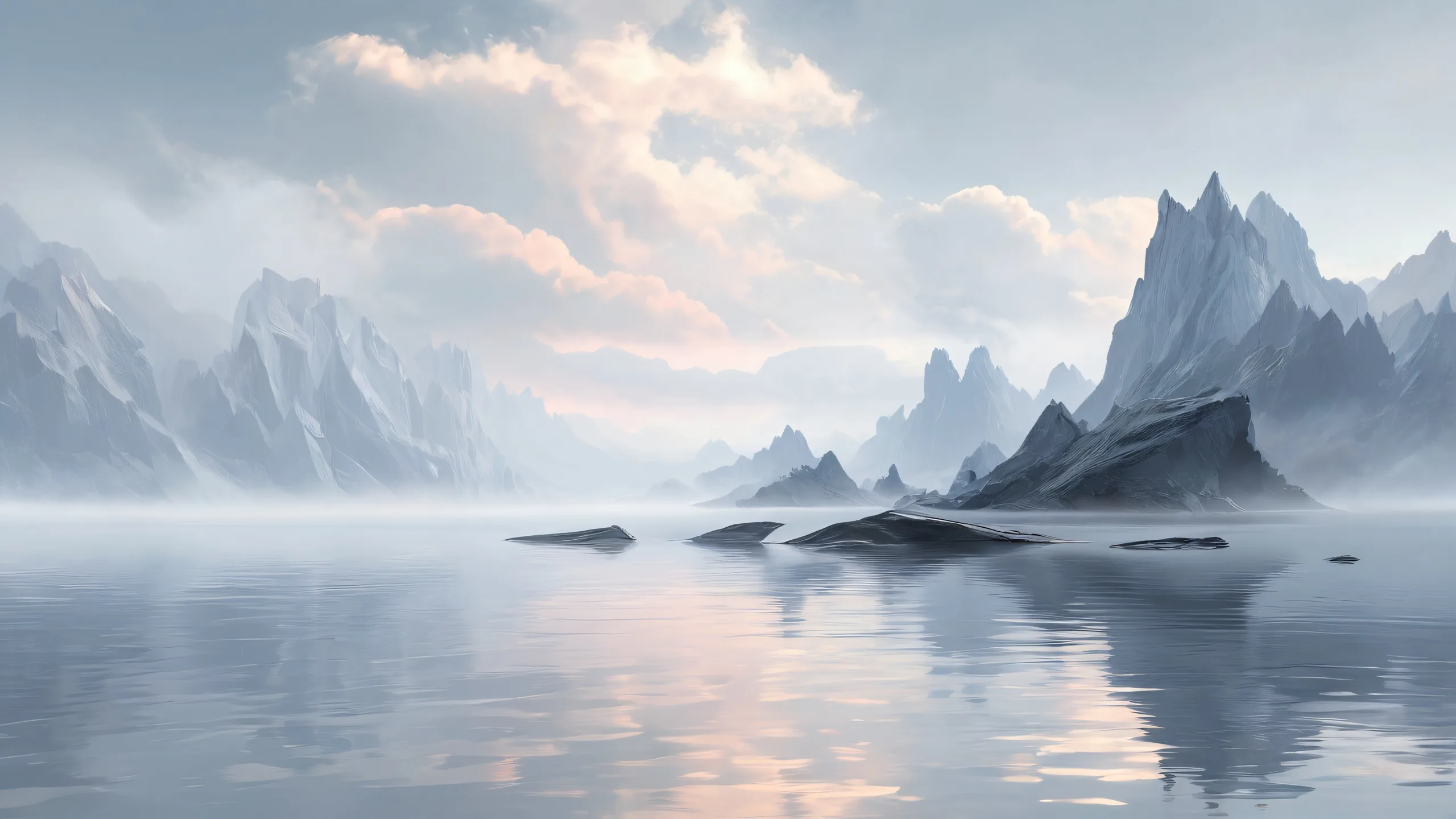 A serene and captivating desktop scene of unreal shapes emerging from the fog on a pristine pure void, perfect for your PC or Desktop.
