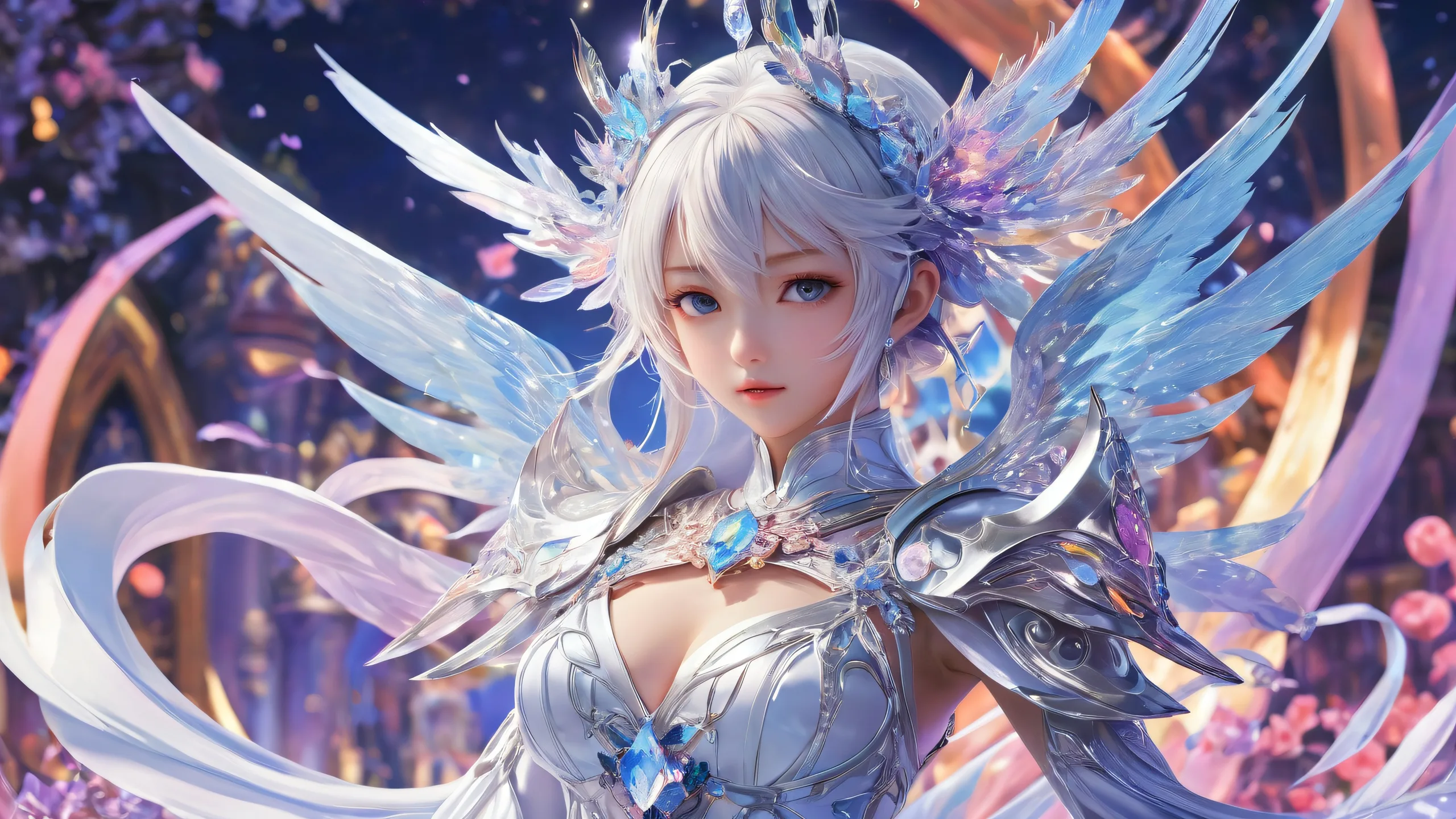 A majestic anime character centered on a desktop with a vast pure void, perfect for a PC or laptop.