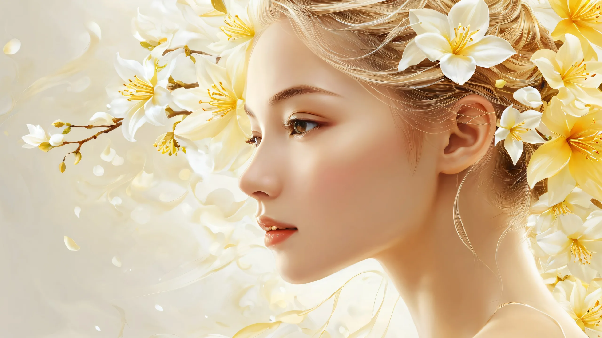 A serene and elegant desktop scene featuring a woman in a vast, pure void, designed for Desktop/PC use.