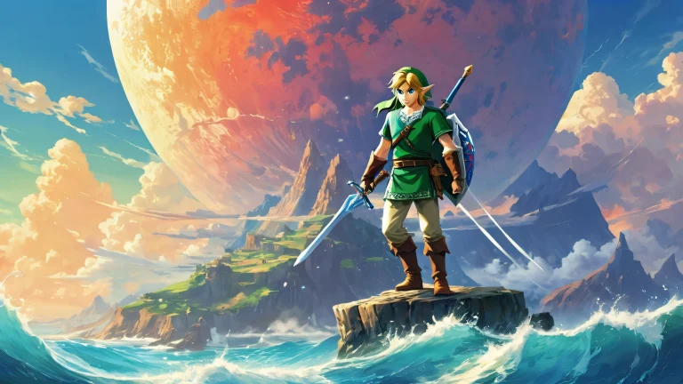 Link stands out against a vast pure void on a desktop/pc, surrounded by ethereal lighting and brilliant colors.