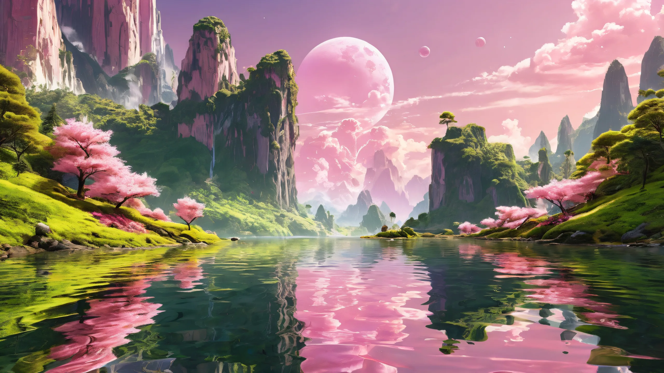 Magical being in a pure void, desktop/pc wallpaper with radiant colors and reflections.