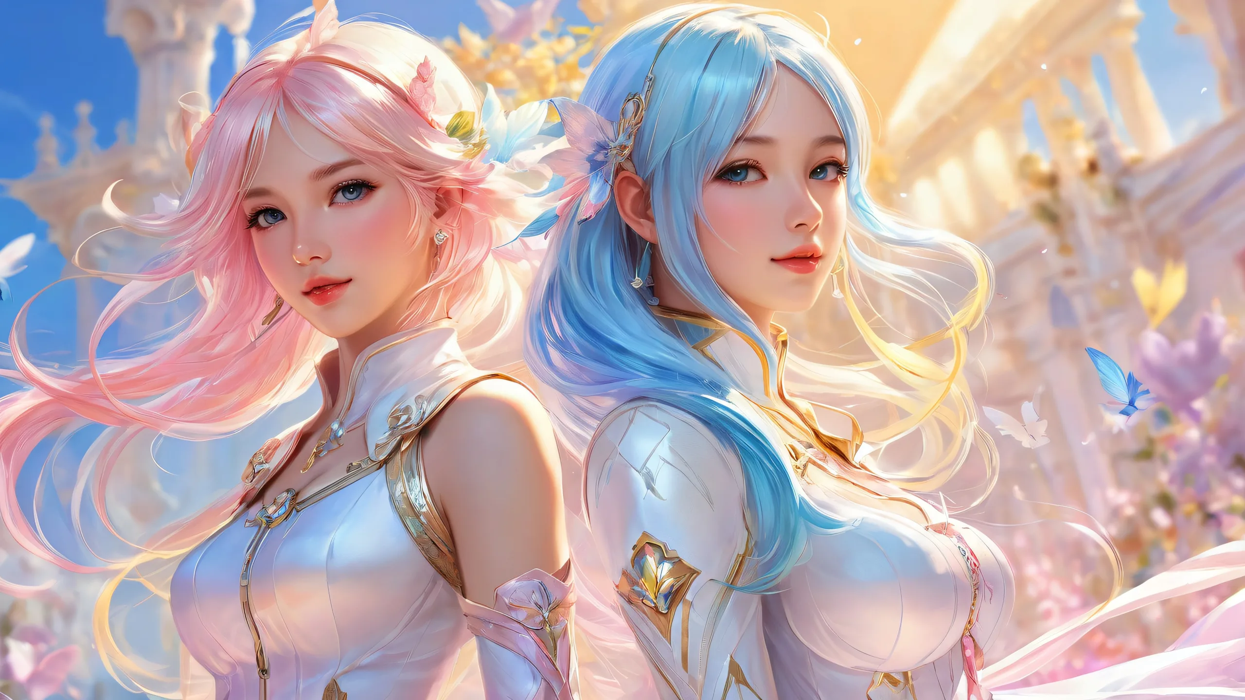 Desktop/PC wallpaper featuring vibrant colors and ray-traced reflections of video game girls set against a vast, pure void with ethereal lighting.