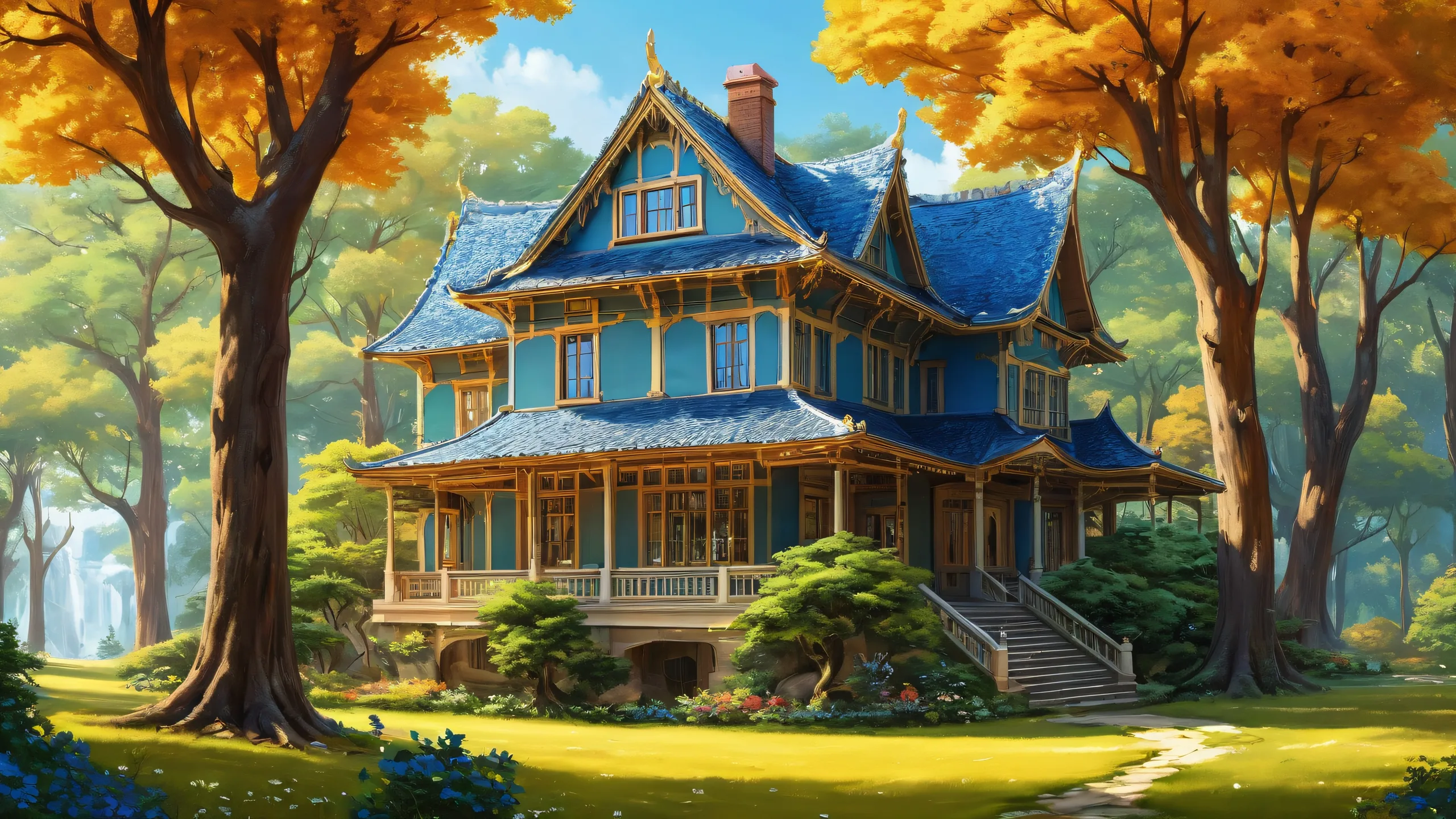 A serene desktop image of a house nestled among trees for visually impaired users. Perfect for desktop/PC use.