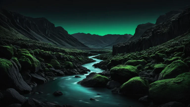 A serene and stunning river desktop wallpaper with perfect blackness, crisp contrast, and elegant luminescent accents for a sleek dark mode aesthetic on Desktop/PC.