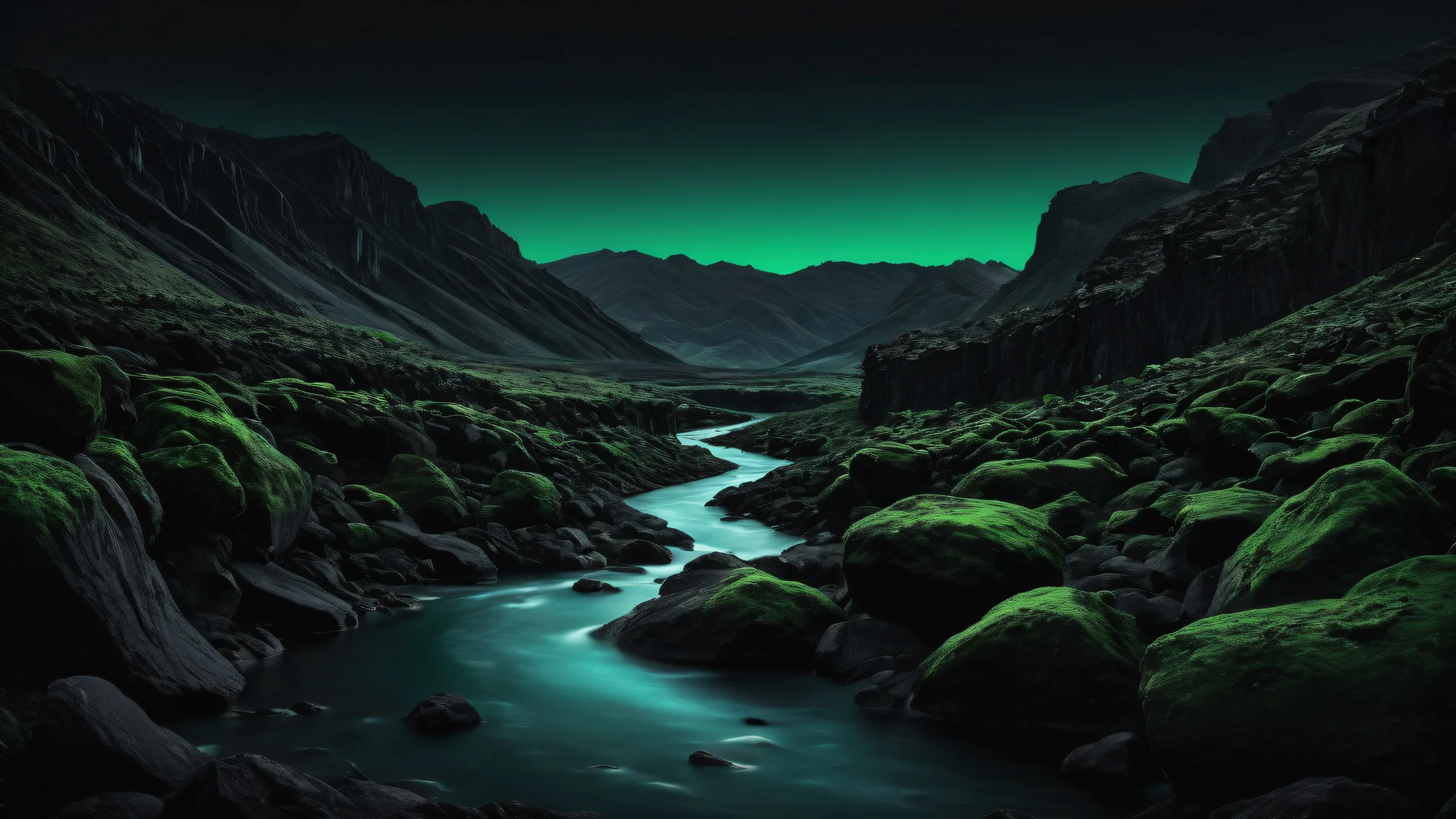 A serene and stunning river desktop wallpaper with perfect blackness, crisp contrast, and elegant luminescent accents for a sleek dark mode aesthetic on Desktop/PC.