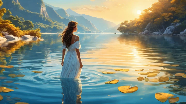 A serene desktop scene of a woman outdoors amidst a vast pure void, with a river and sea in the background, perfect for your Desktop/PC.
