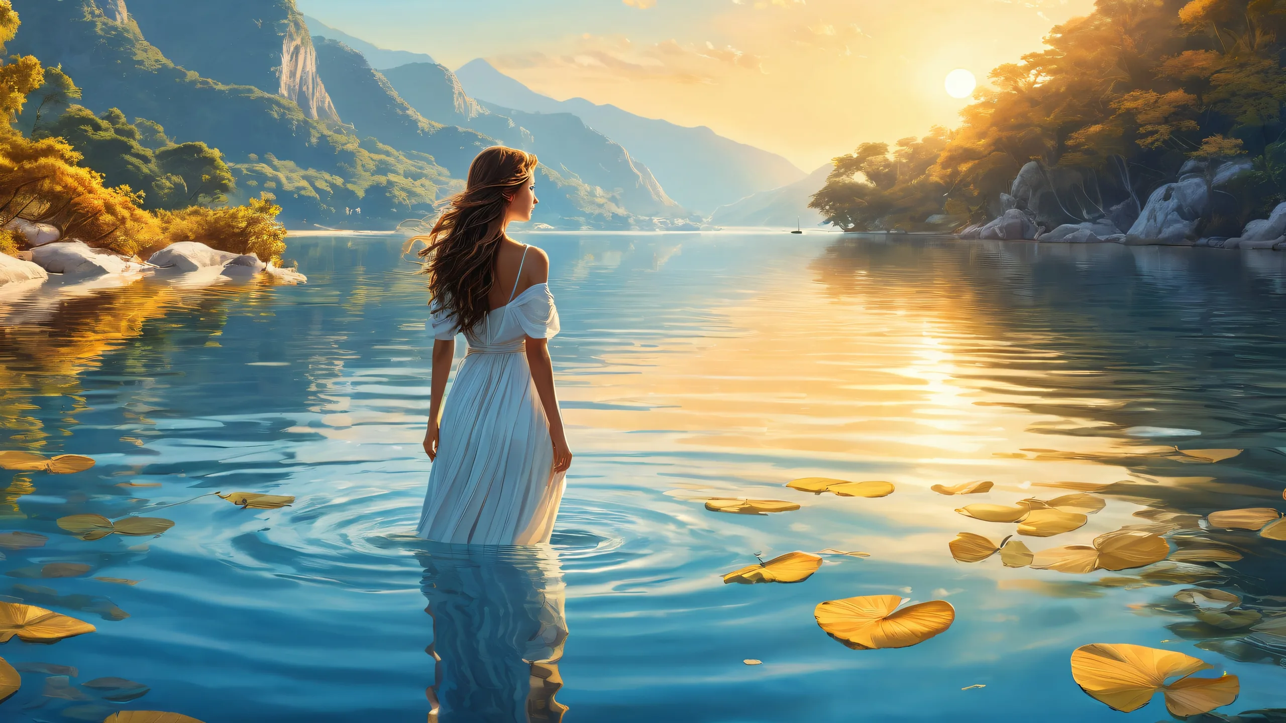 A serene desktop scene of a woman outdoors amidst a vast pure void, with a river and sea in the background, perfect for your Desktop/PC.