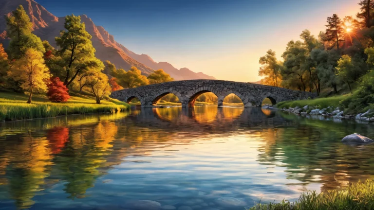 Serene river scene on desktop/PC with subtle bridge reflection and breathtaking sunrise.