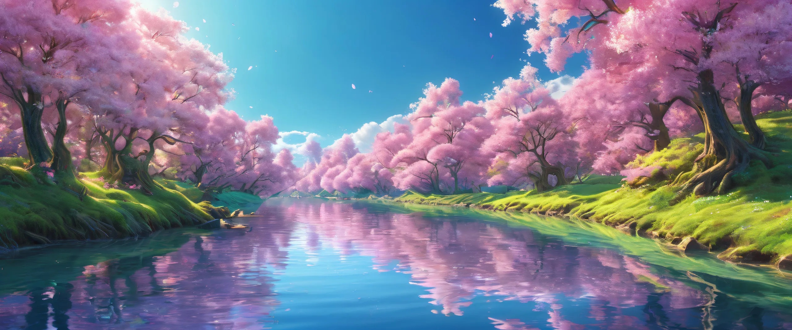 Epic Ethereal Riverbank Serenity Desktop Wallpaper A majestic riverbank scene for your desktop or PC, featuring a tranquil forest landscape with ethereal lighting.