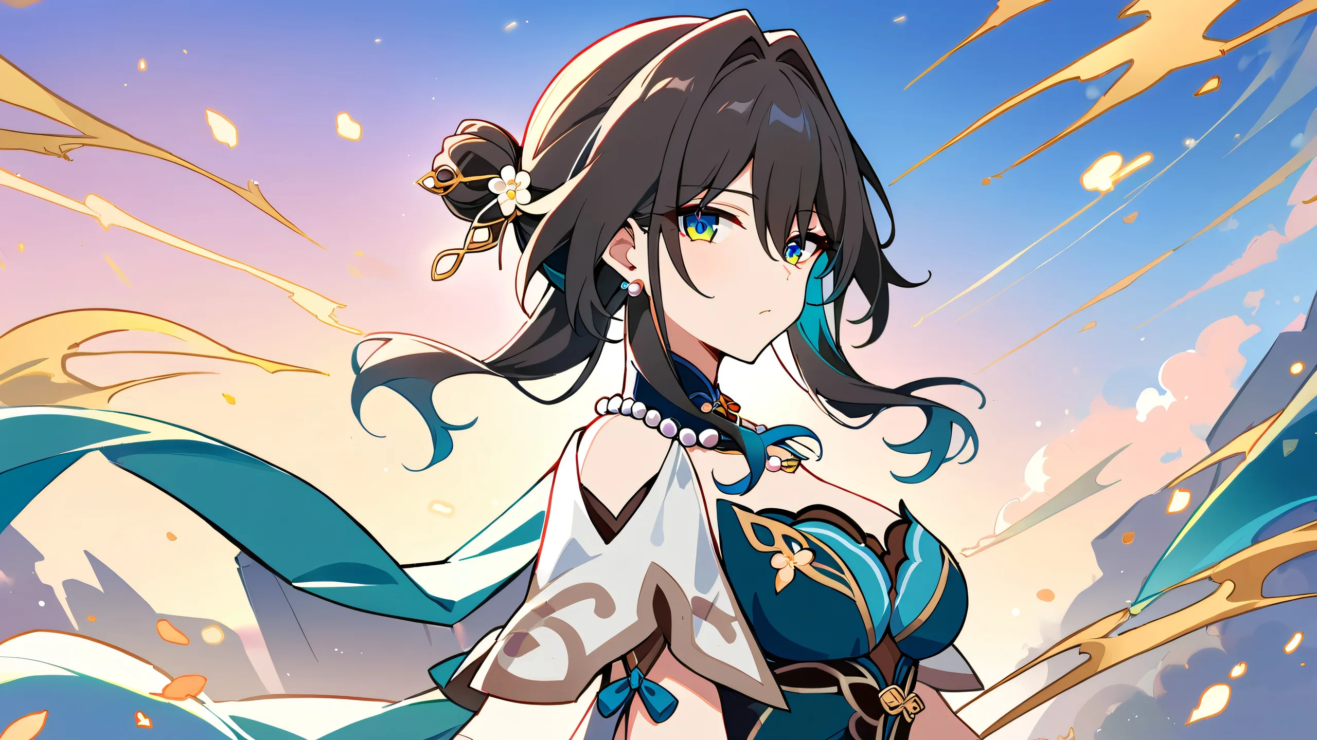 A beautifully designed desktop wallpaper featuring Ruan Mei from Honkai: Star Rail looking at the viewer against a perfectly clean vast pure void with extreme depth of field, allowing for breathtaking robot backdrops on a Desktop/PC.