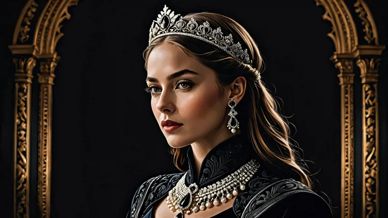 Regal woman in a vast pure void on desktop/pc with soft shadows and perfect blacks