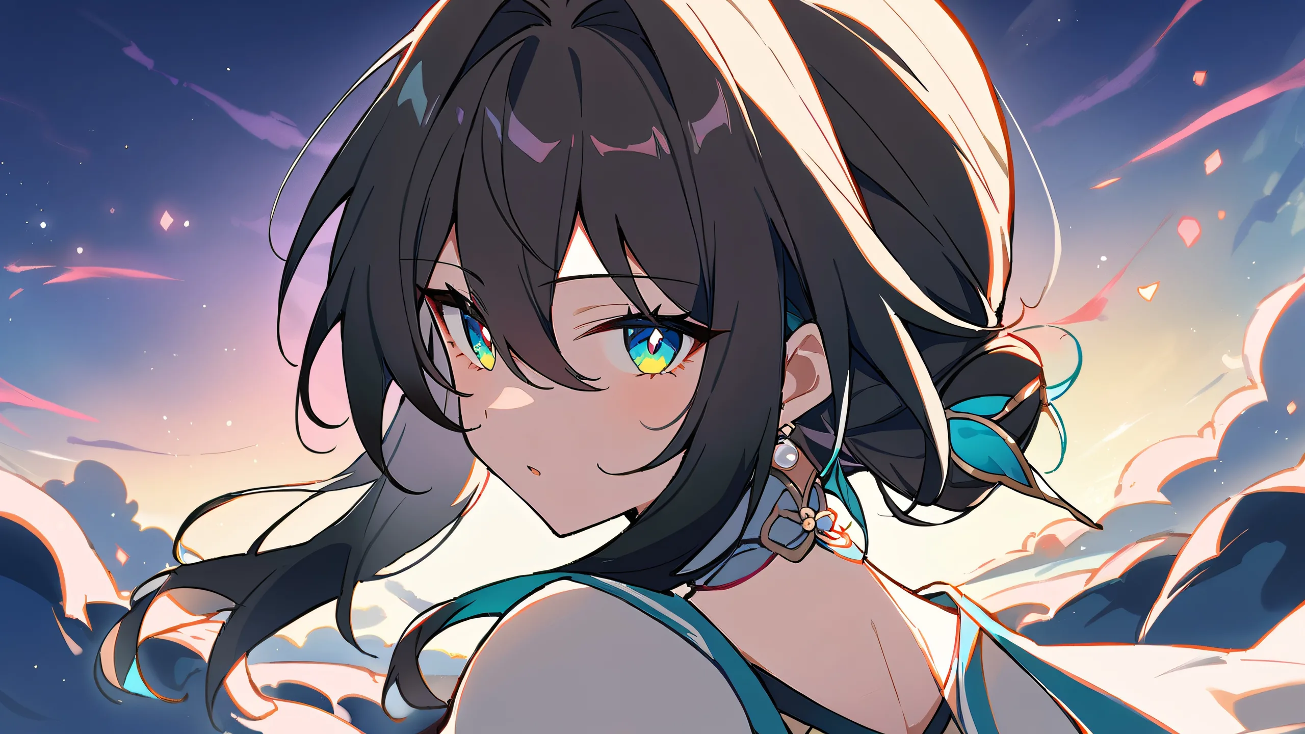 A serene anime-inspired desktop image of Ruan Mei from Honkai: Star Rail, looking directly at the viewer with a peaceful expression on her face against a beautifully lit pure void background, suitable for any PC or laptop screen.