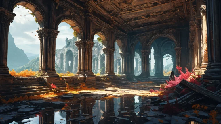 A breathtaking desktop wallpaper of Fleeing Horror featuring abandoned ruins on a pristine void background, suitable for desktop/pc use.