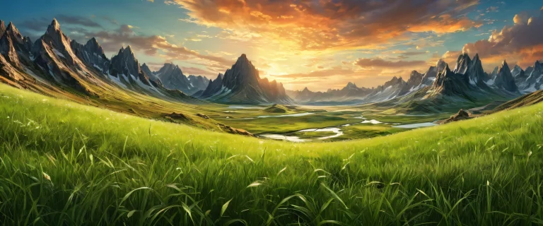 A serene yet haunting desktop image of a grassy void with remnants of destruction on a Desktop/PC.