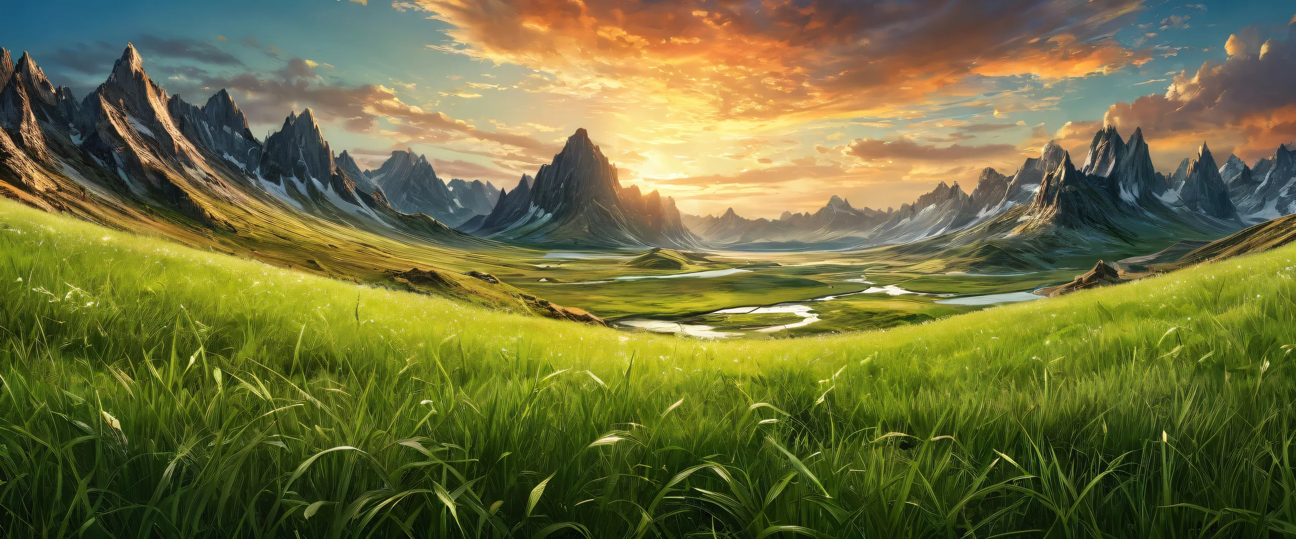 A serene yet haunting desktop image of a grassy void with remnants of destruction on a Desktop/PC.