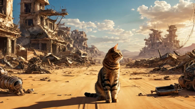 Desktop/PC wallpaper featuring a cat surrounded by post-apocalyptic ruins with ethereal lighting and brilliant colors.