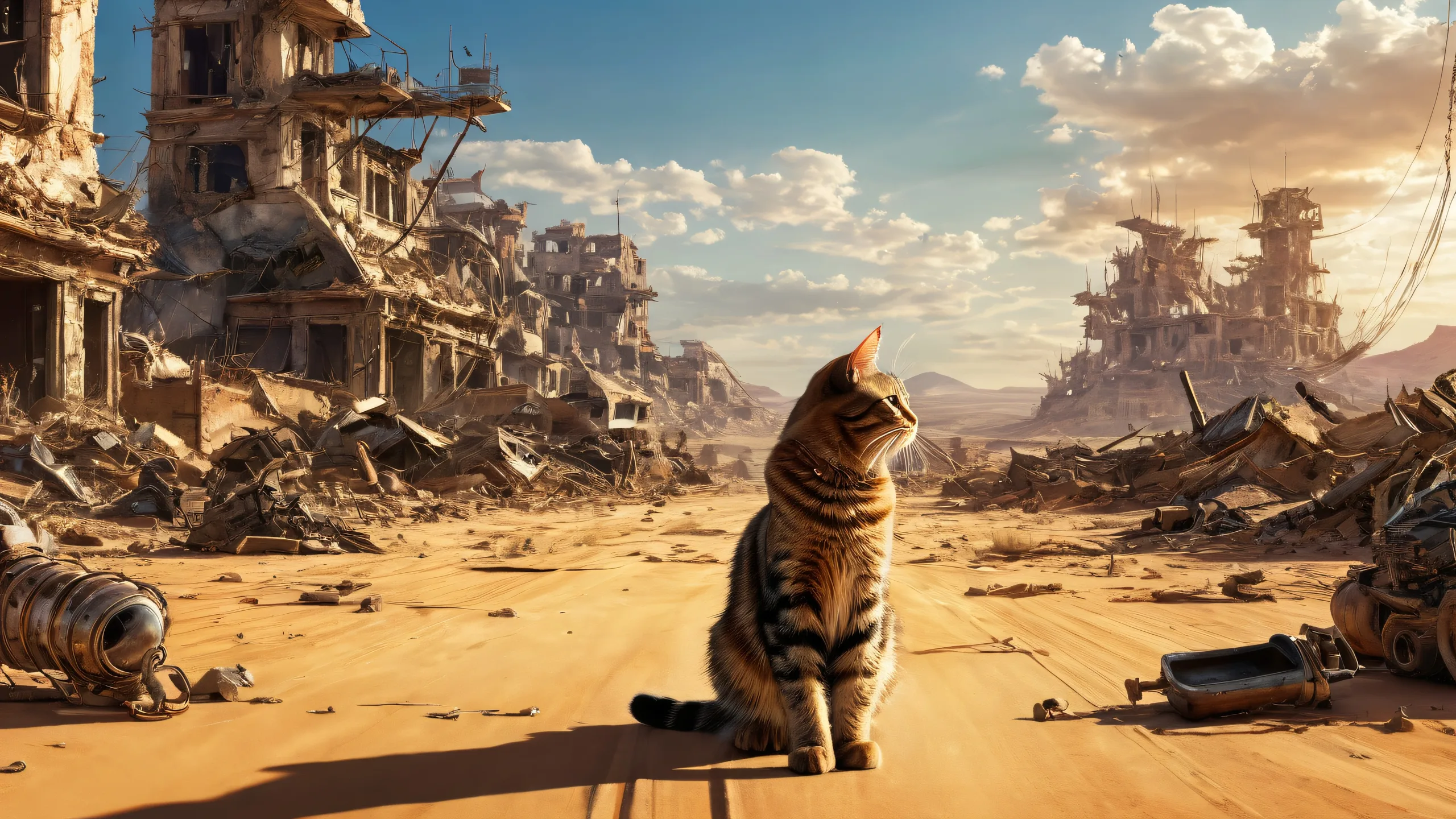 4K Ethereal Ruins of Tomorrow Desktop Background Desktop/PC wallpaper featuring a cat surrounded by post-apocalyptic ruins with ethereal lighting and brilliant colors.